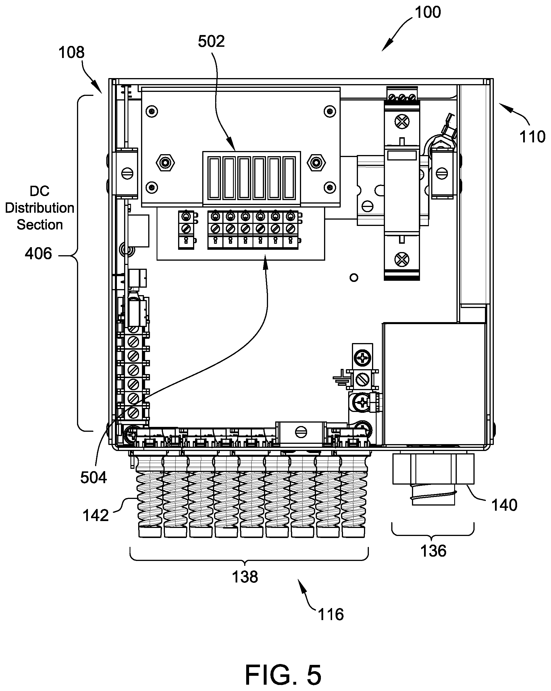 Patent US12308621 Figure 5 – Power distribution enclosure having a combined reconfigurable service entrance and a DC distribution section