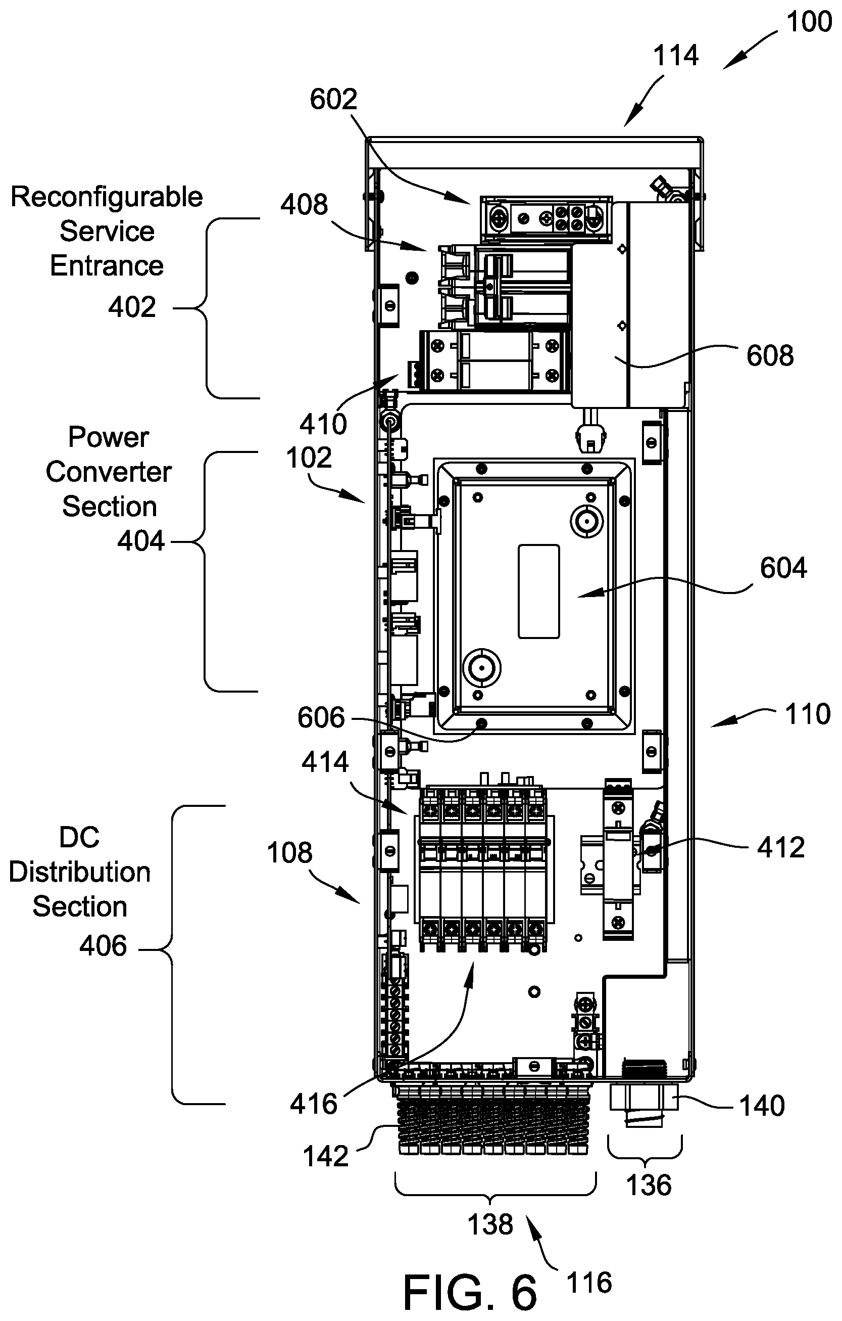 Patent US12308621 Figure 6 – Power distribution enclosure having a combined reconfigurable service entrance and a DC distribution section