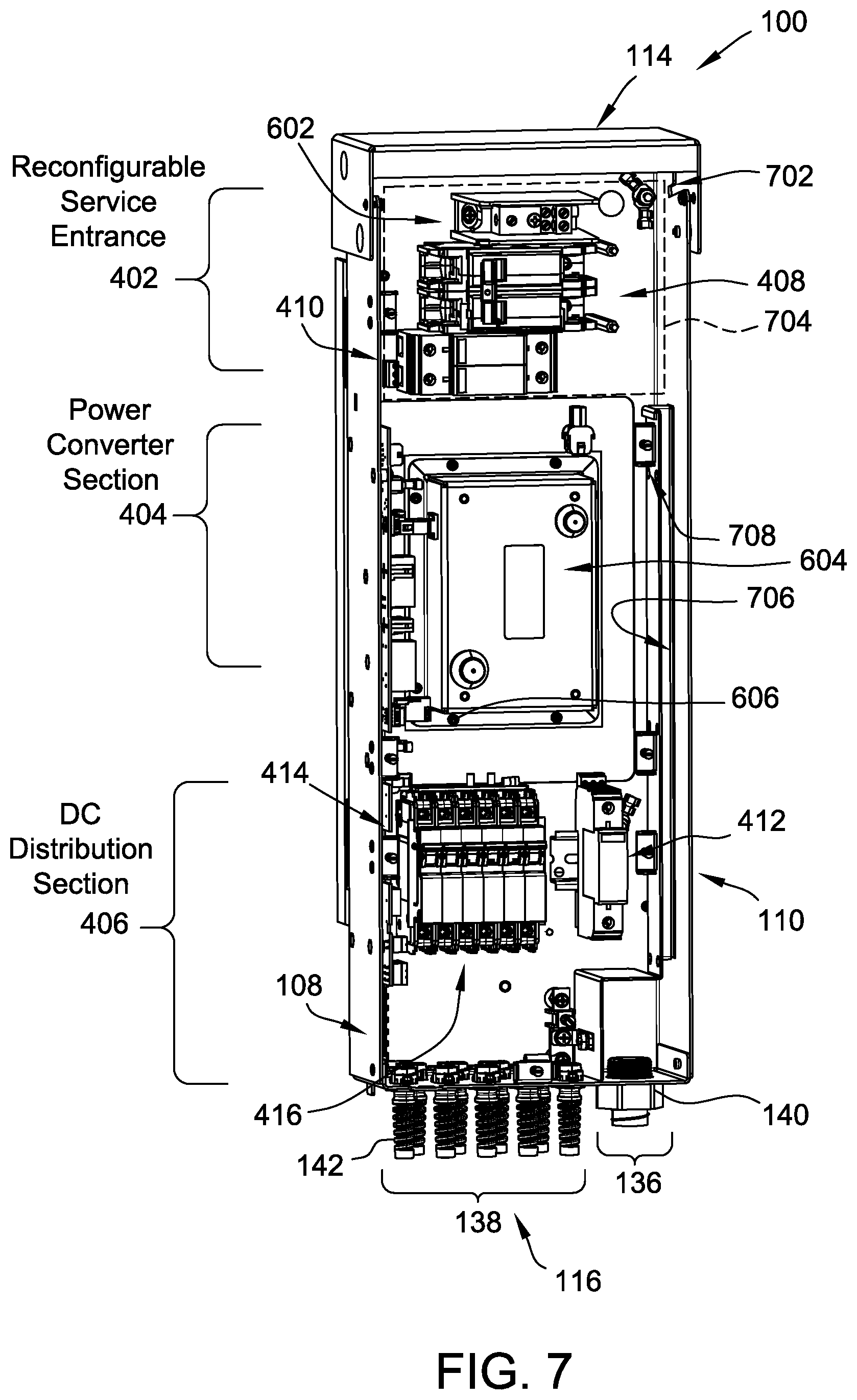 Patent US12308621 Figure 7 – Power distribution enclosure having a combined reconfigurable service entrance and a DC distribution section