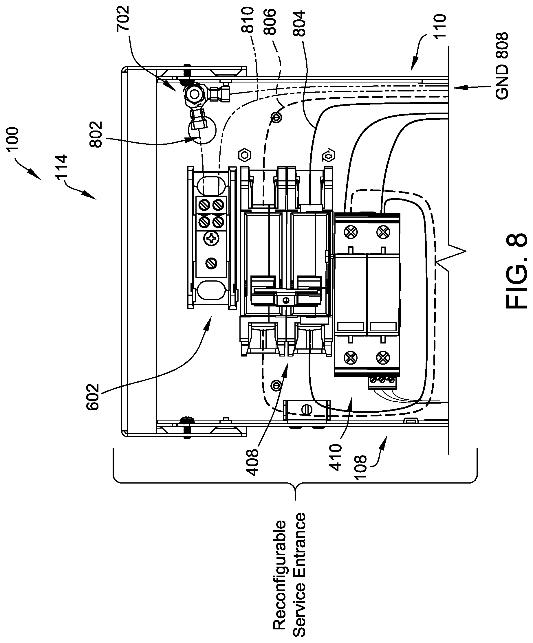 Patent US12308621 Figure 8 – Power distribution enclosure having a combined reconfigurable service entrance and a DC distribution section