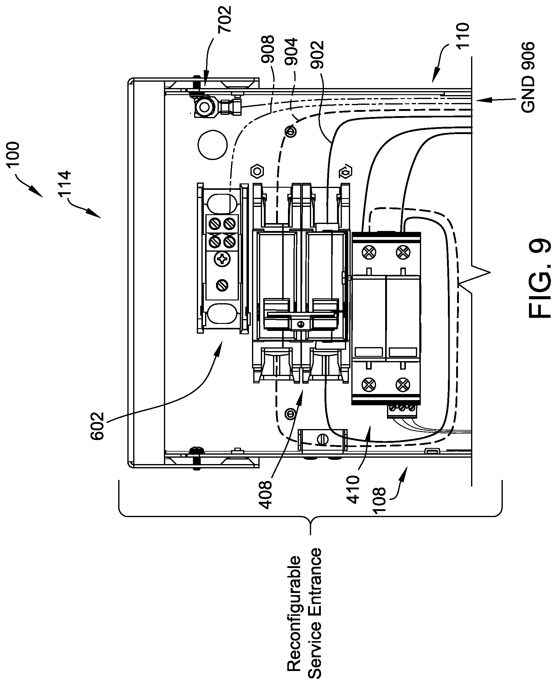 Patent US12308621 Figure 9 – Power distribution enclosure having a combined reconfigurable service entrance and a DC distribution section