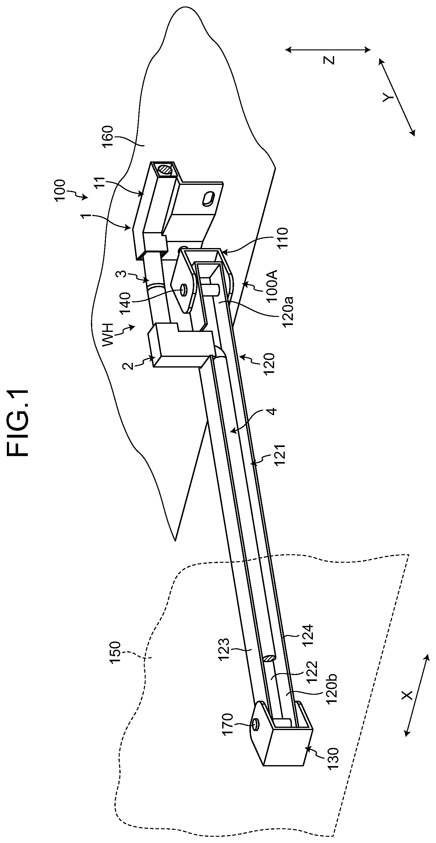 Patent US12308626 Figure 1 – Wire harness having improved followability to a rotational motion of a link mechanism