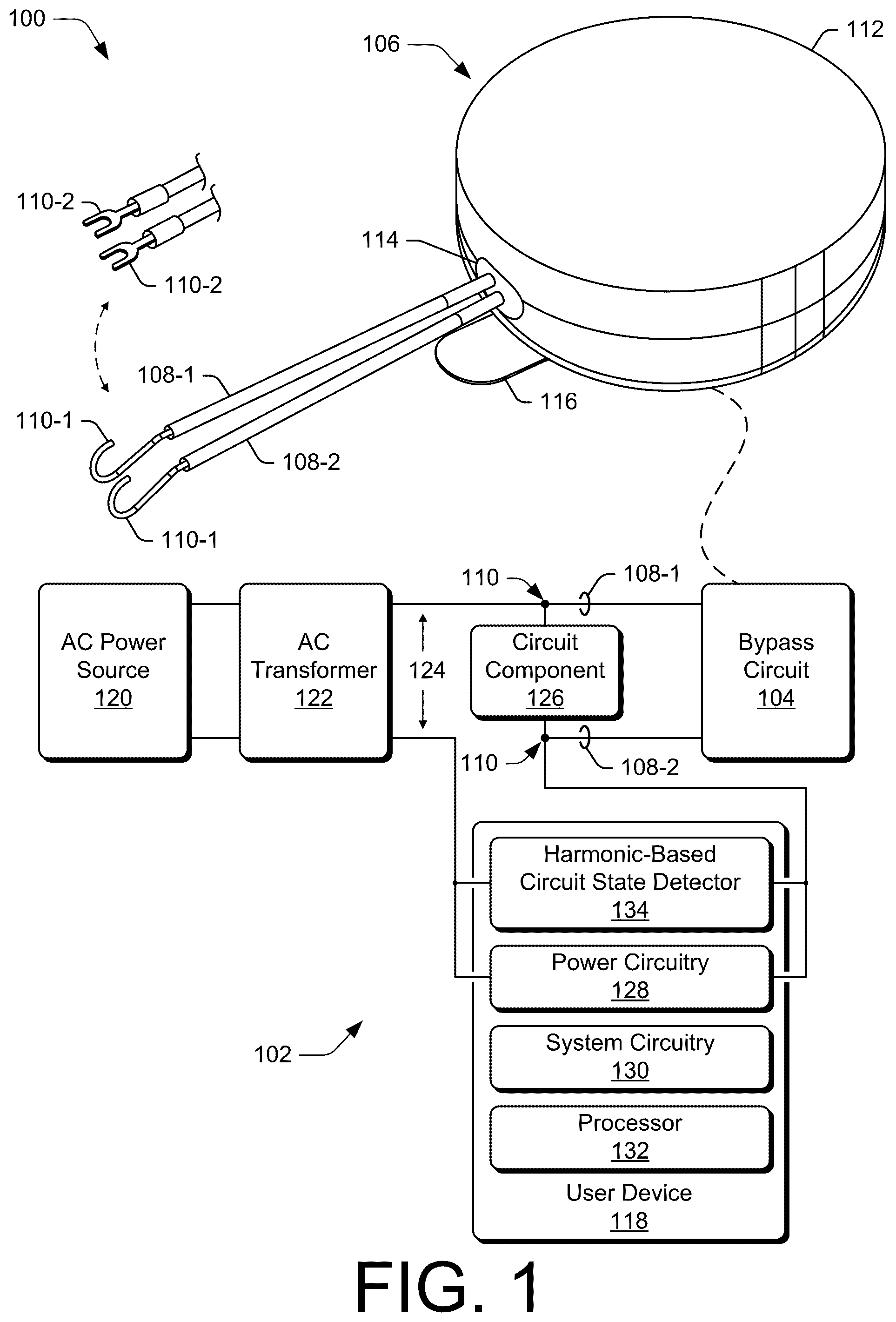Patent US12308645 Figure 1 – Alternating-current power harmonic-based circuit state detection