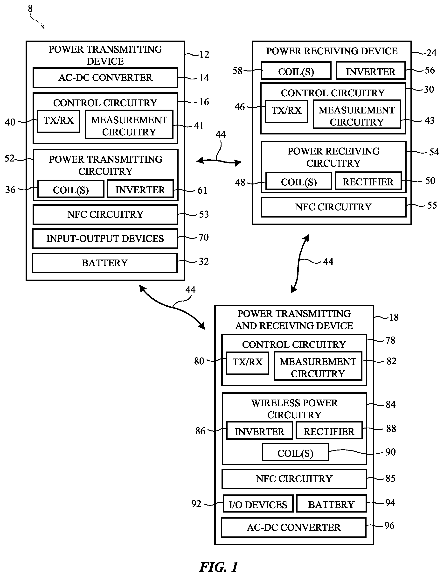 Patent US12308671 Figure 1 – Wireless power system with communications