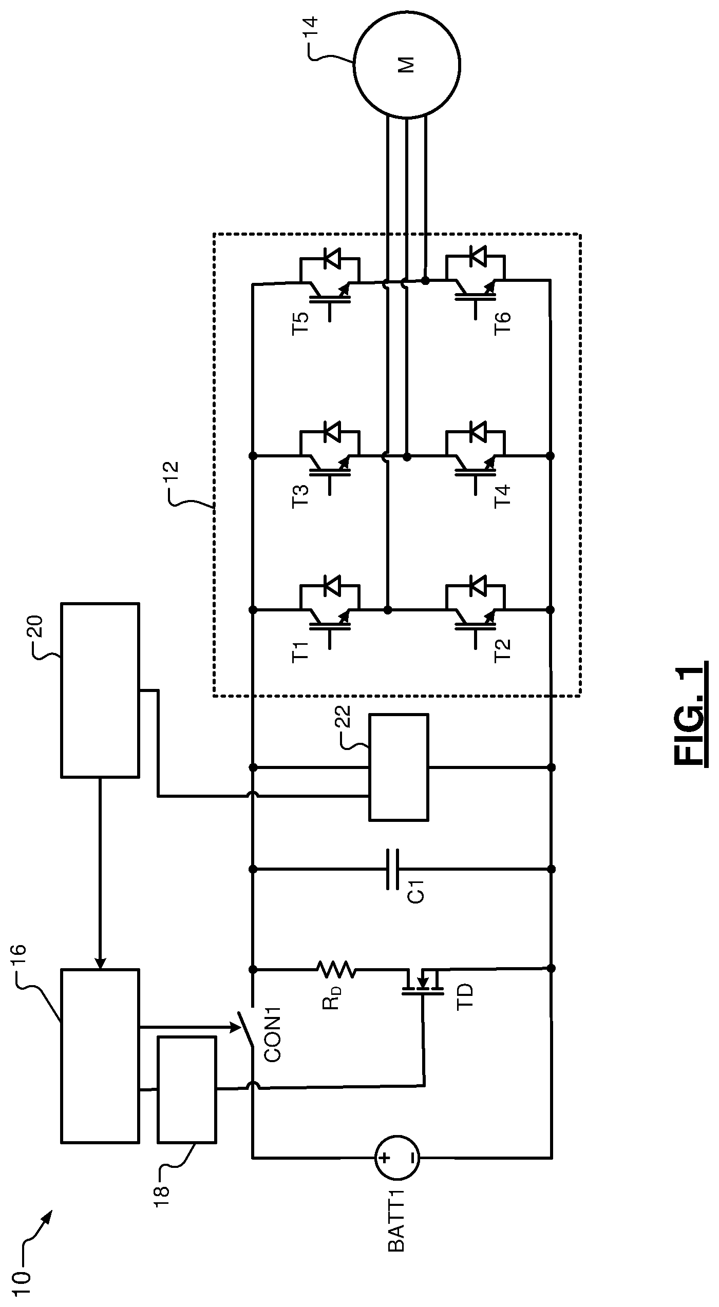Patent US12308691 Figure 1 – Discharge system for DC capacitors with active loss control