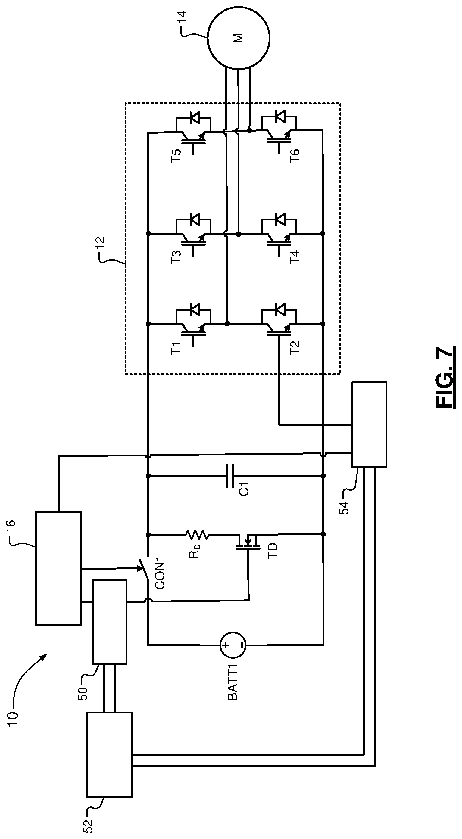 Patent US12308691 Figure 7 – Discharge system for DC capacitors with active loss control