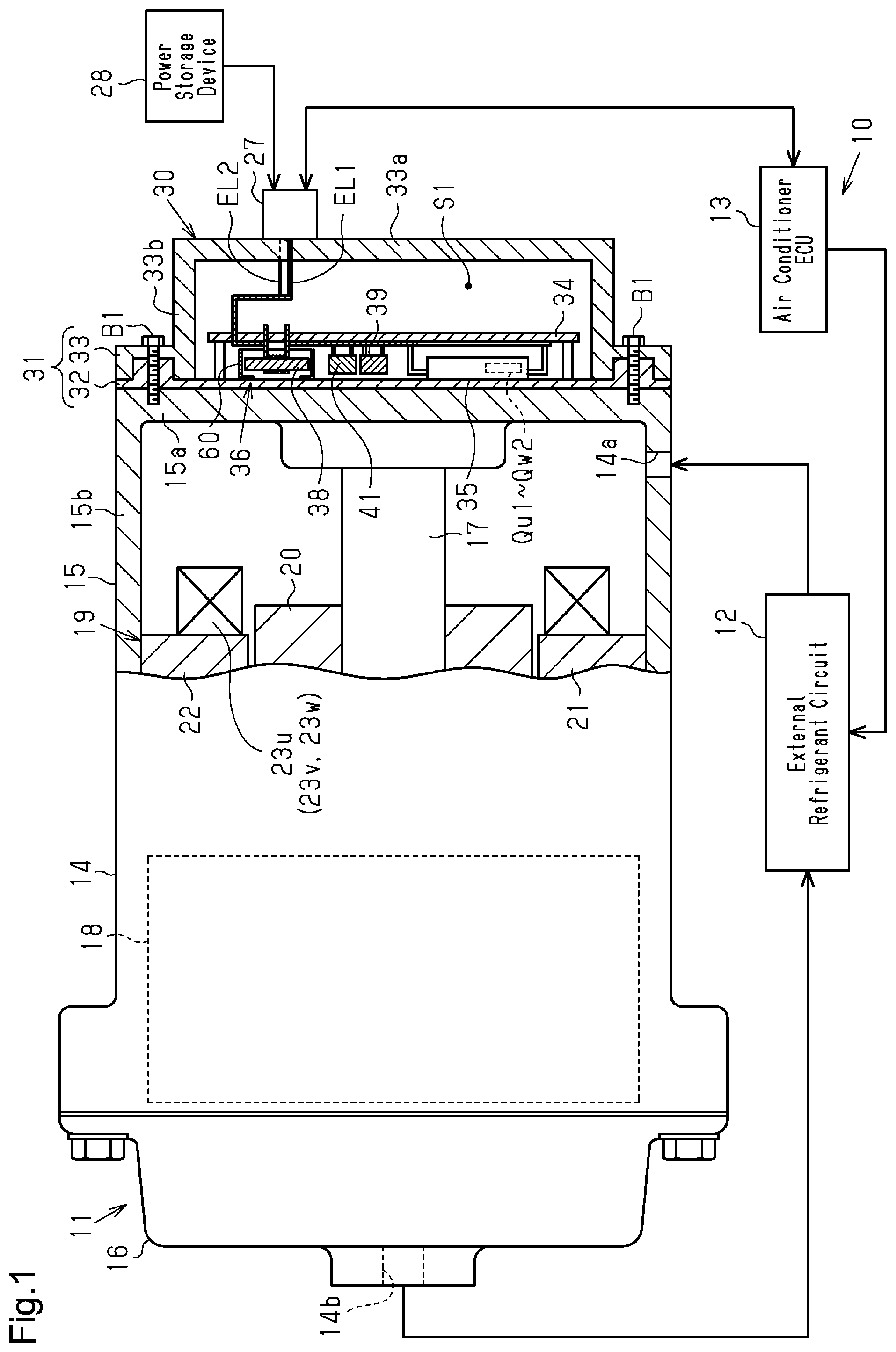 Patent US12308708 Figure 1 – Motor-driven compressor