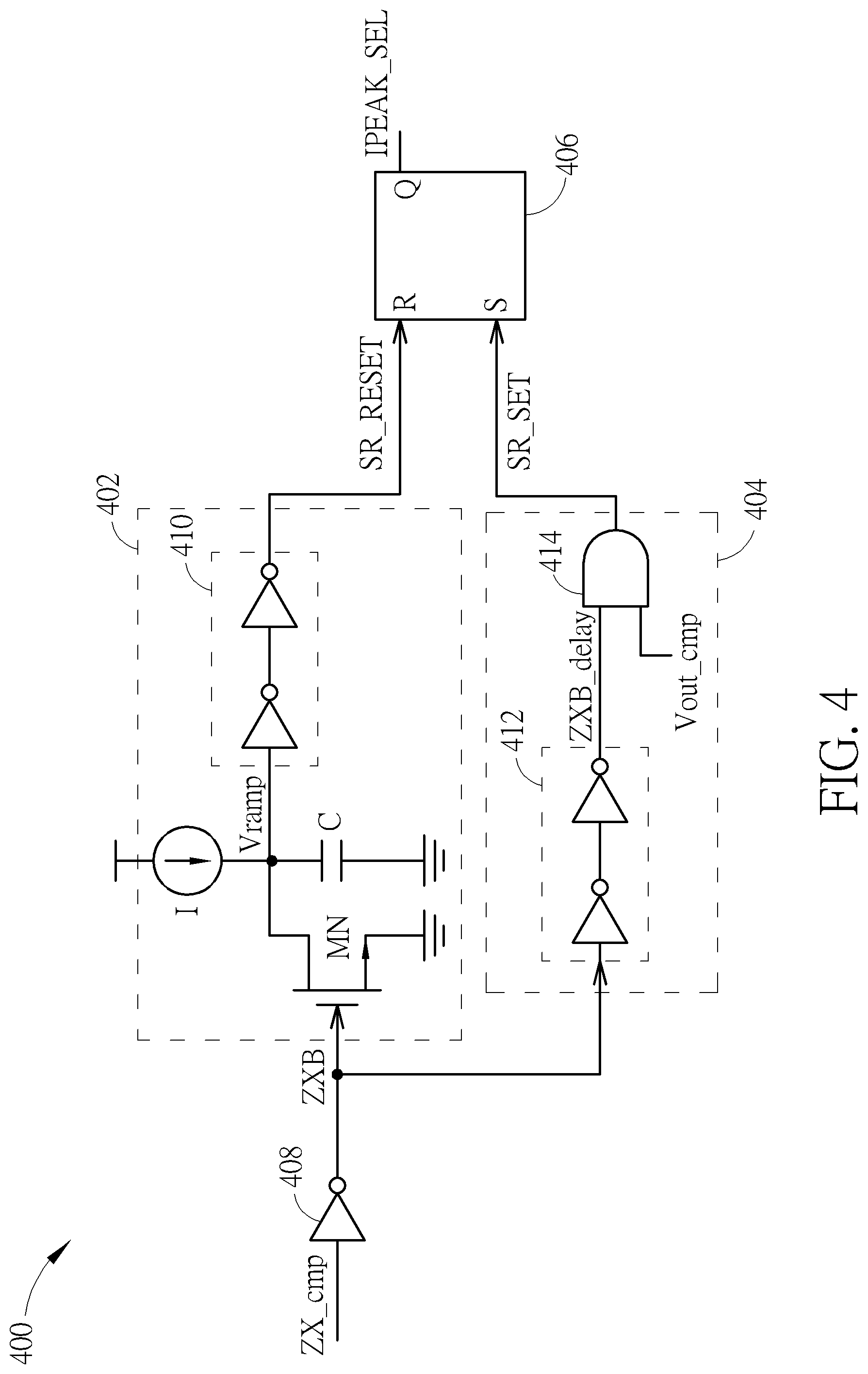 Patent US12308739 Figure 4 – Feedback control circuit of pulse-frequency modulation converter that adaptively adjusts peak inductor current value according to pulse interval and associated feedback control method