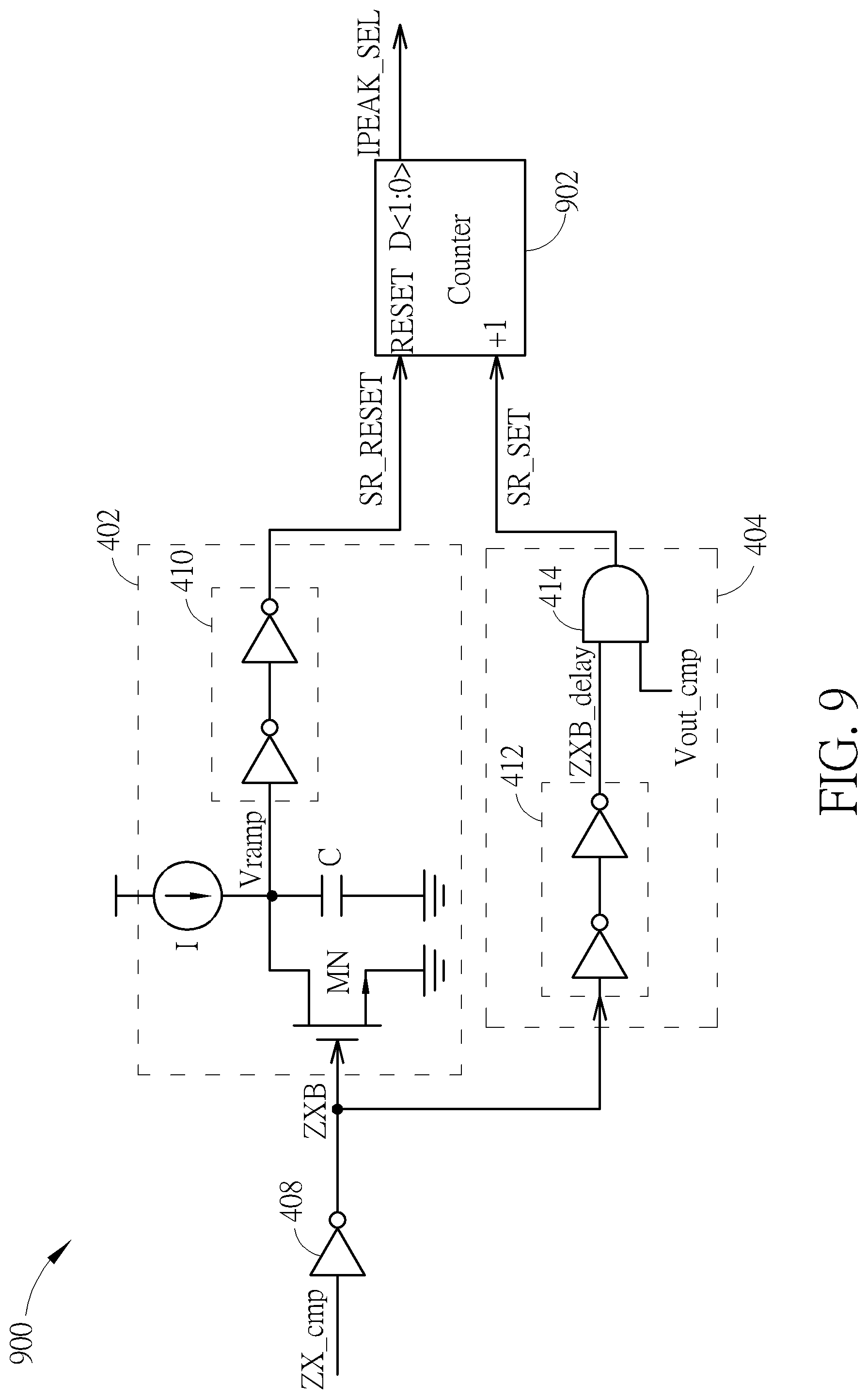 Patent US12308739 Figure 9 – Feedback control circuit of pulse-frequency modulation converter that adaptively adjusts peak inductor current value according to pulse interval and associated feedback control method