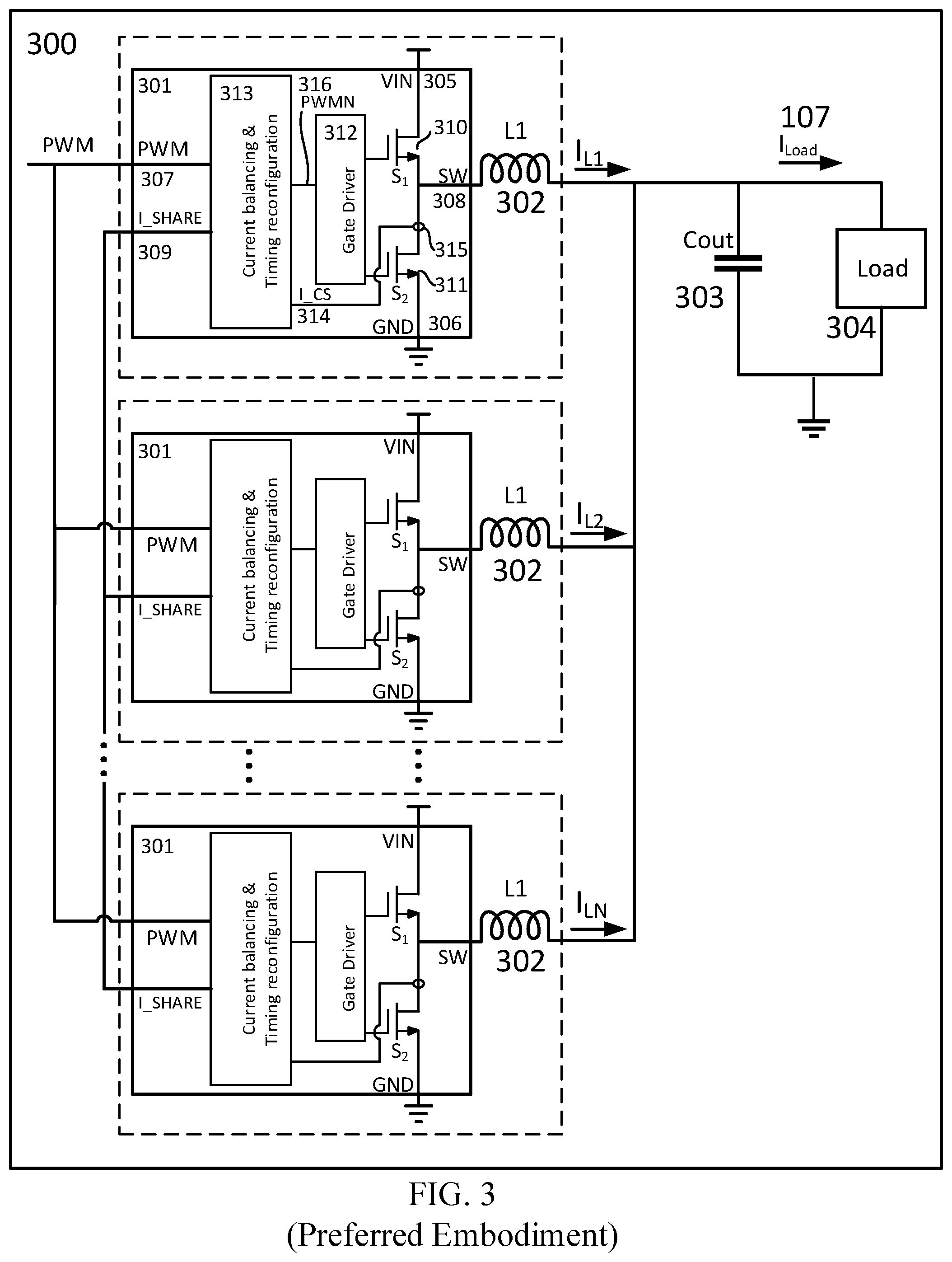 Patent US12308746 Figure 3 – Power stage for multiphase voltage regulator with self-adapted current balancing control