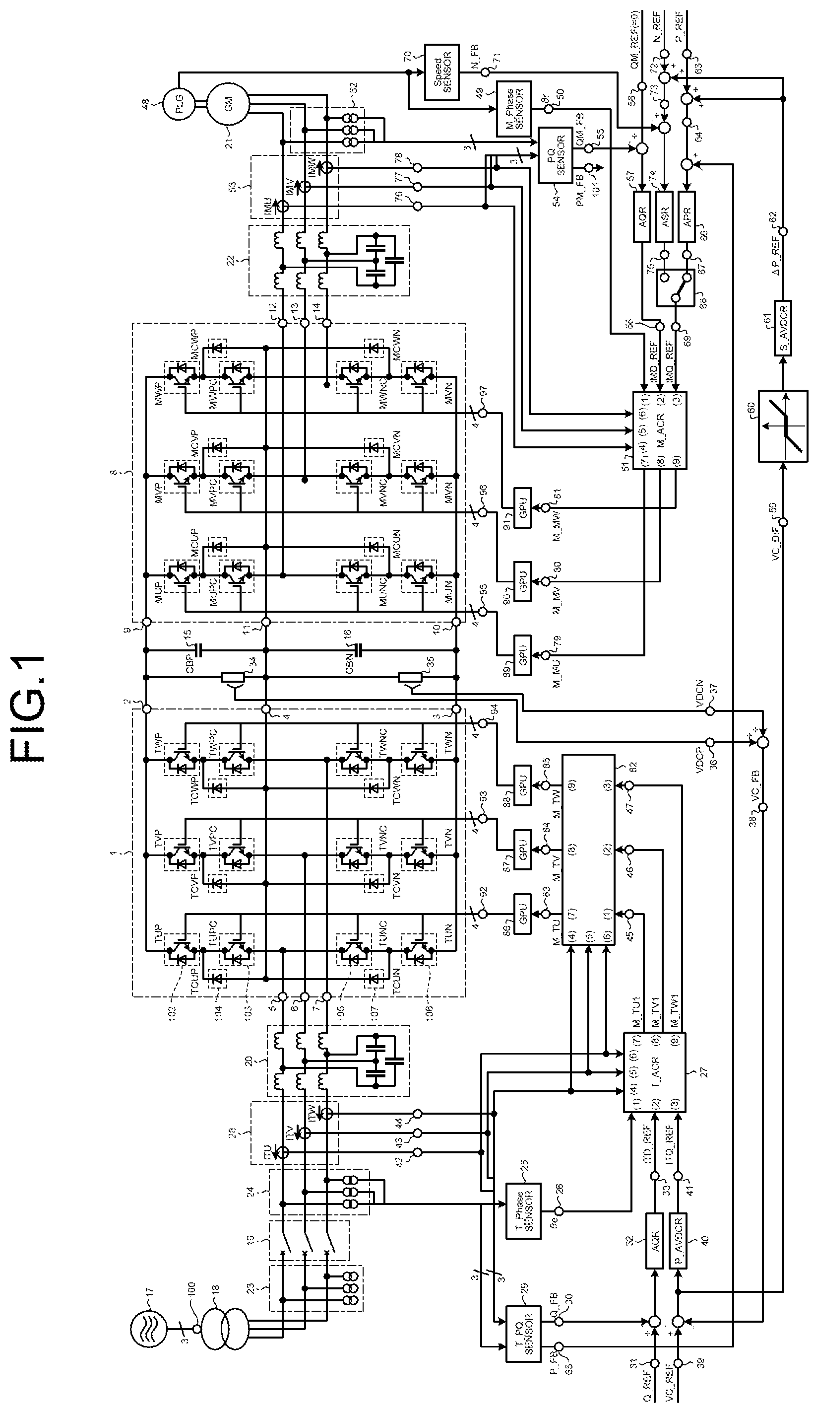 Patent US12308769 Figure 1 – Adjustable speed generator motor system with full power converter