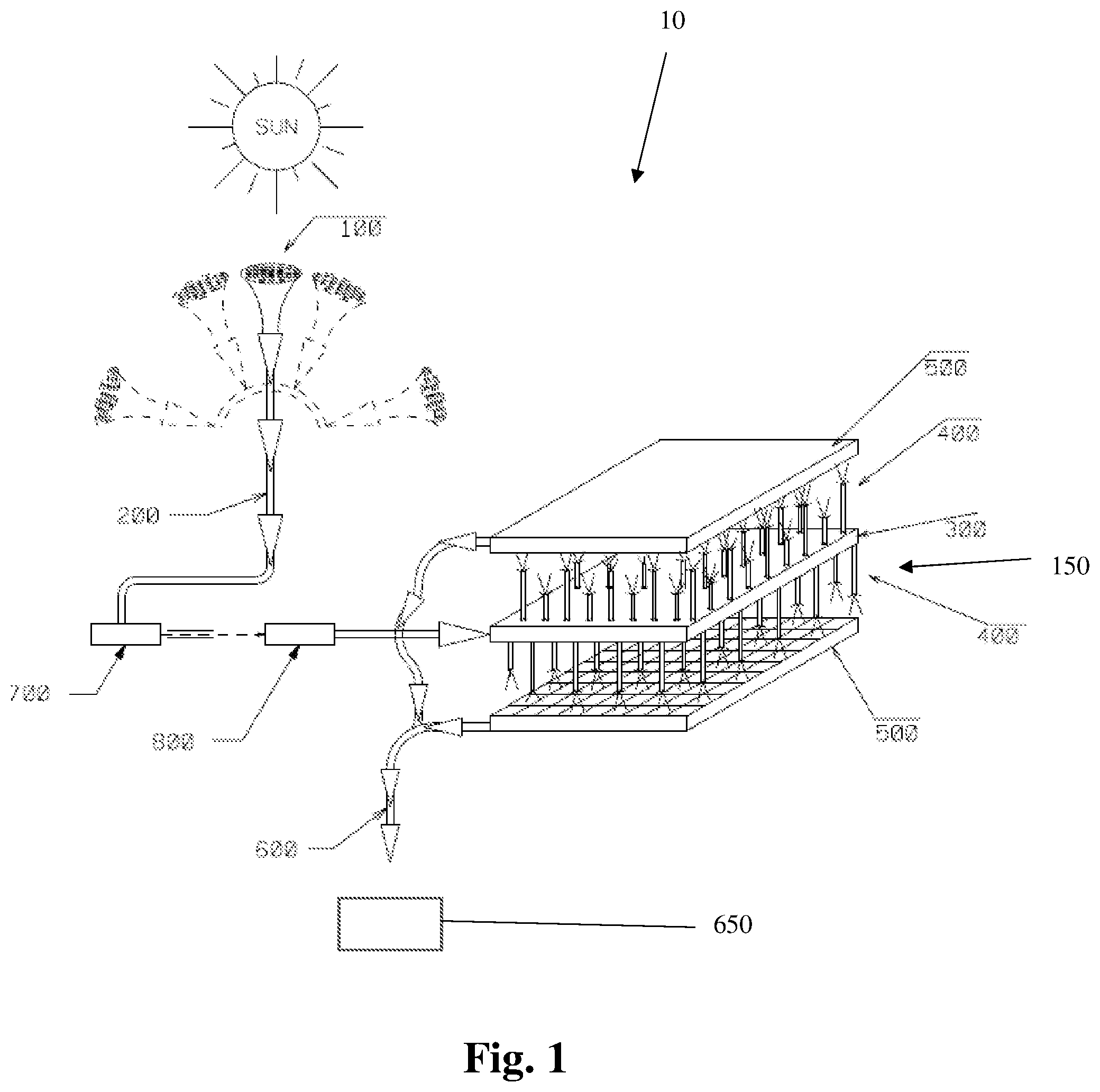 Patent US12308789 Figure 1 – System, apparatus, and method for harnessing energy from the sun without occupying a large surface area