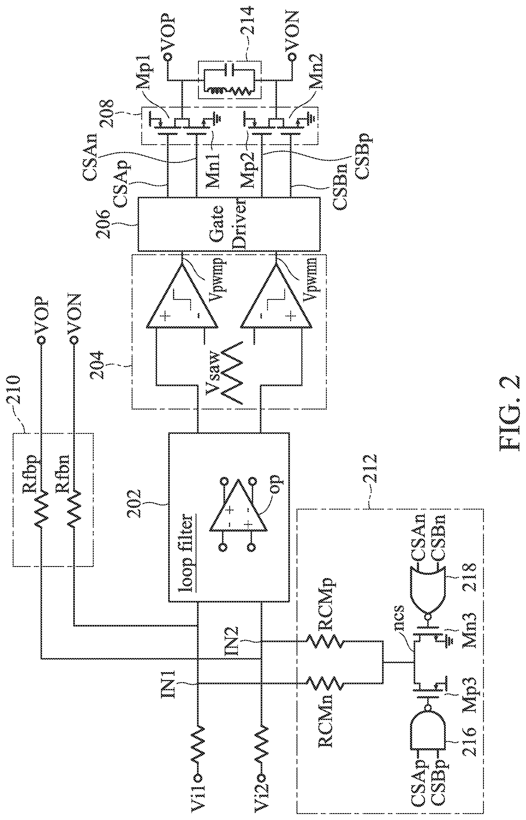 Patent US12308807 Figure 2 – Amplification circuit with compensation for common-mode voltage fluctuation