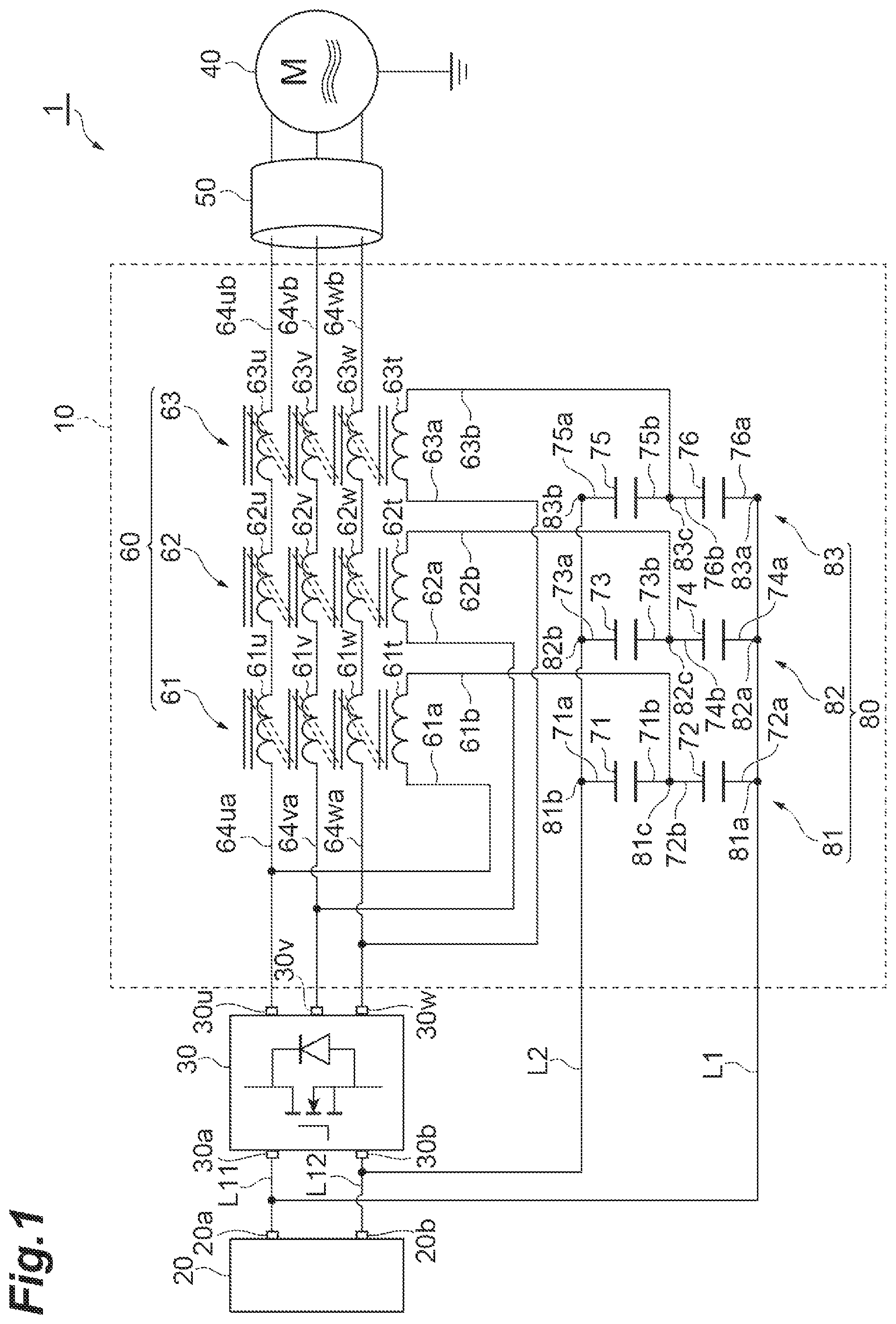 Patent US12308814 Figure 1 – Common mode filter circuit and drive device