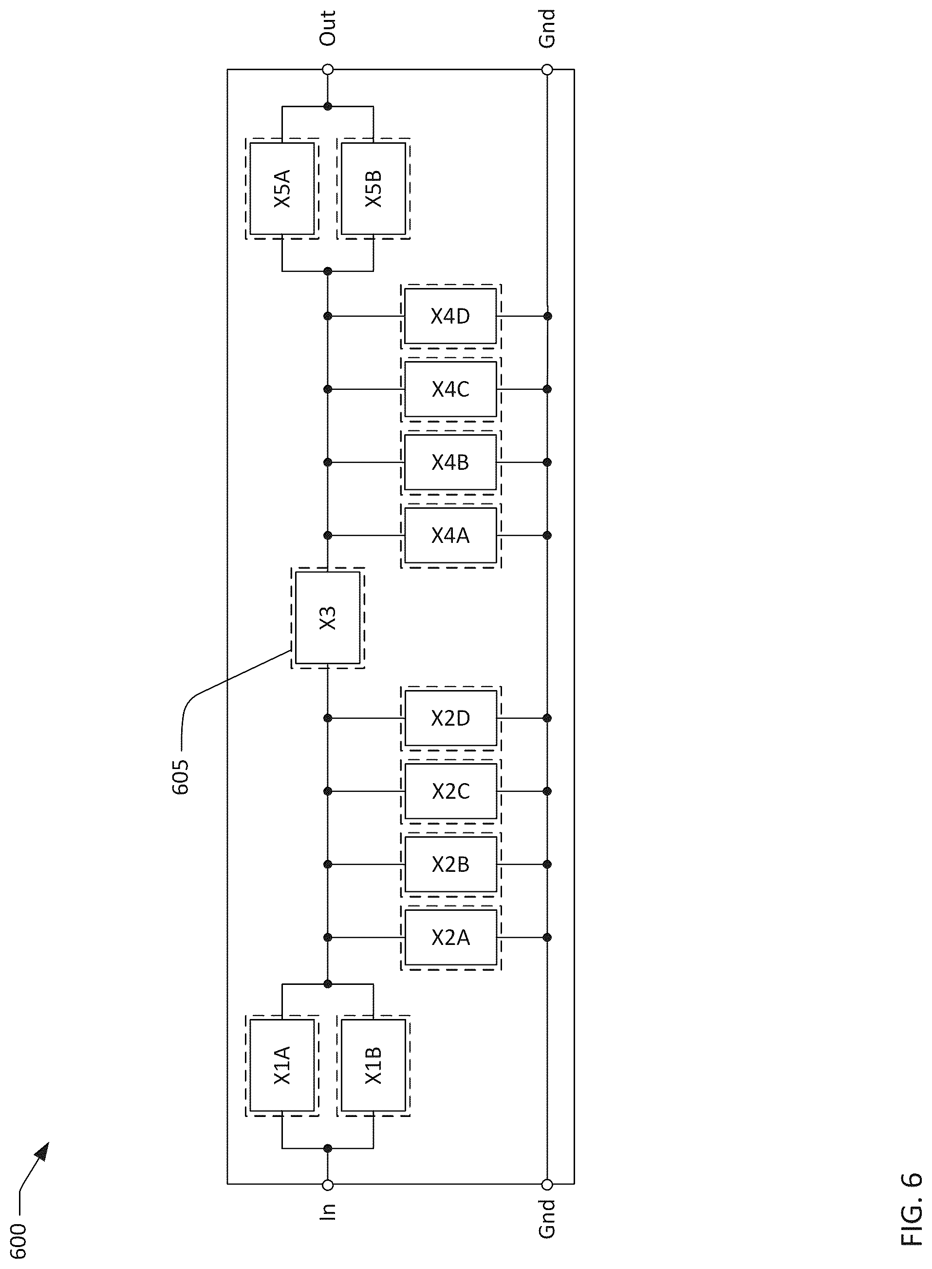 Patent US12308823 Figure 6 – Transversely-excited film bulk acoustic filters with symmetric layout