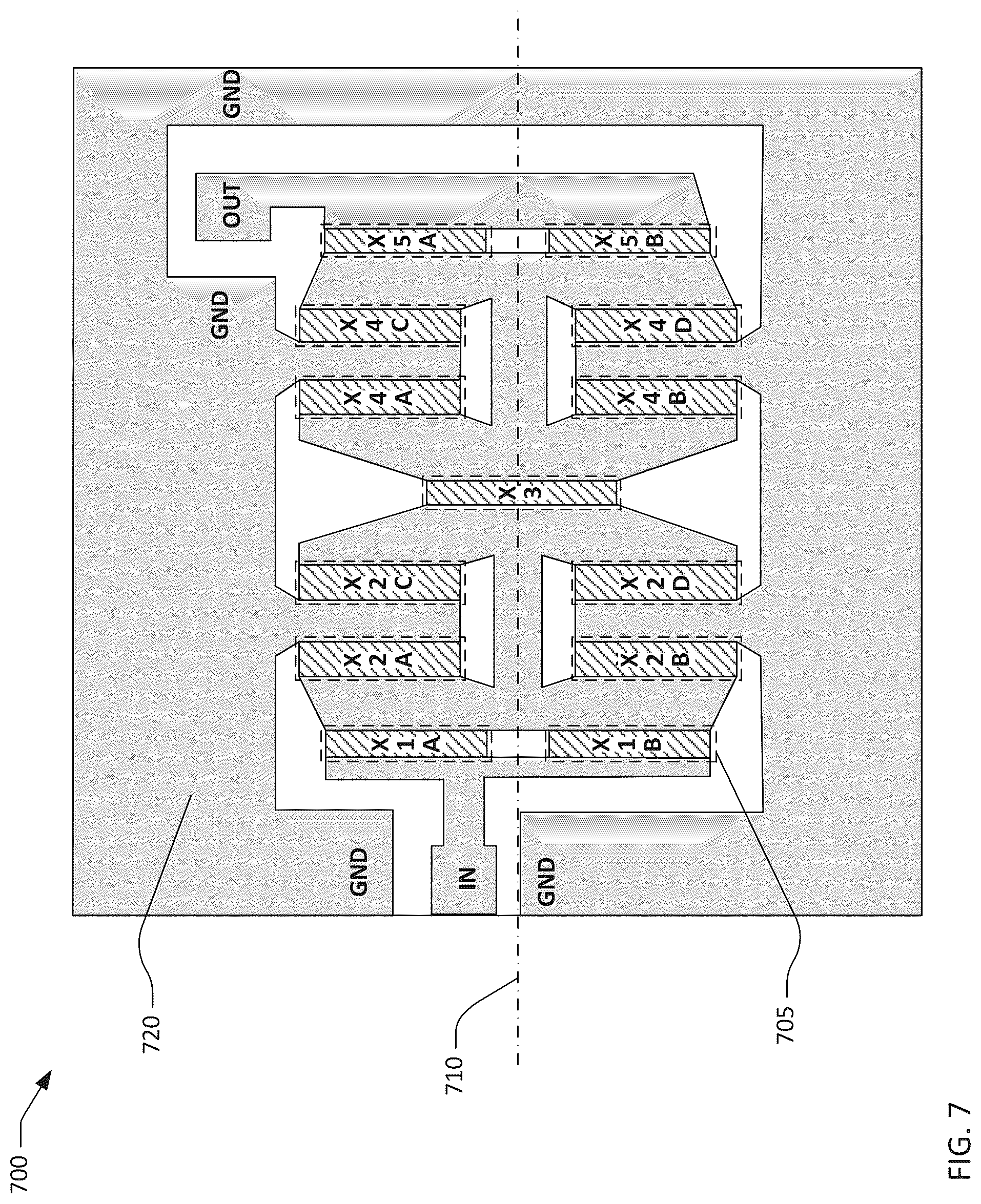 Patent US12308823 Figure 7 – Transversely-excited film bulk acoustic filters with symmetric layout