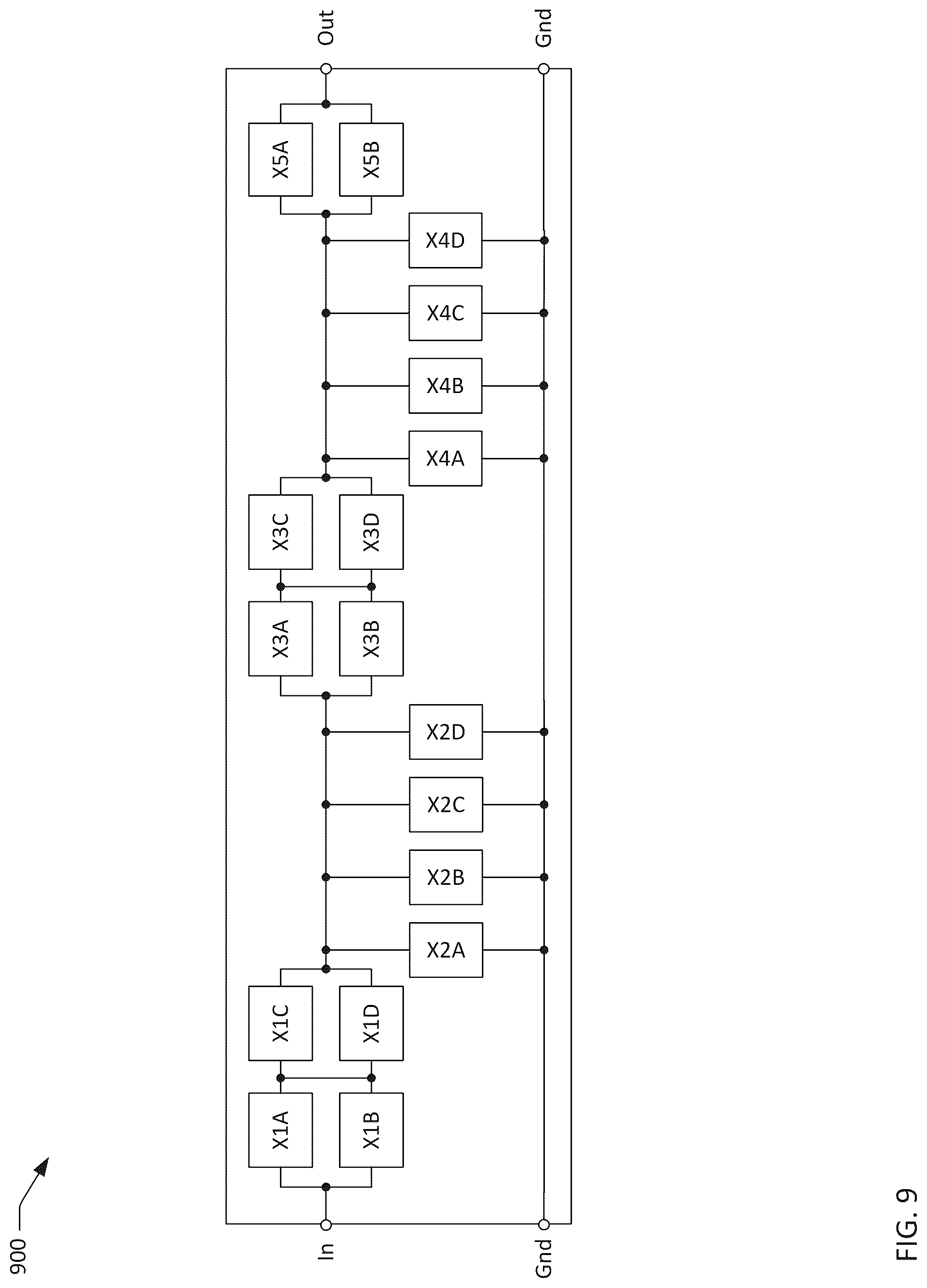Patent US12308823 Figure 9 – Transversely-excited film bulk acoustic filters with symmetric layout