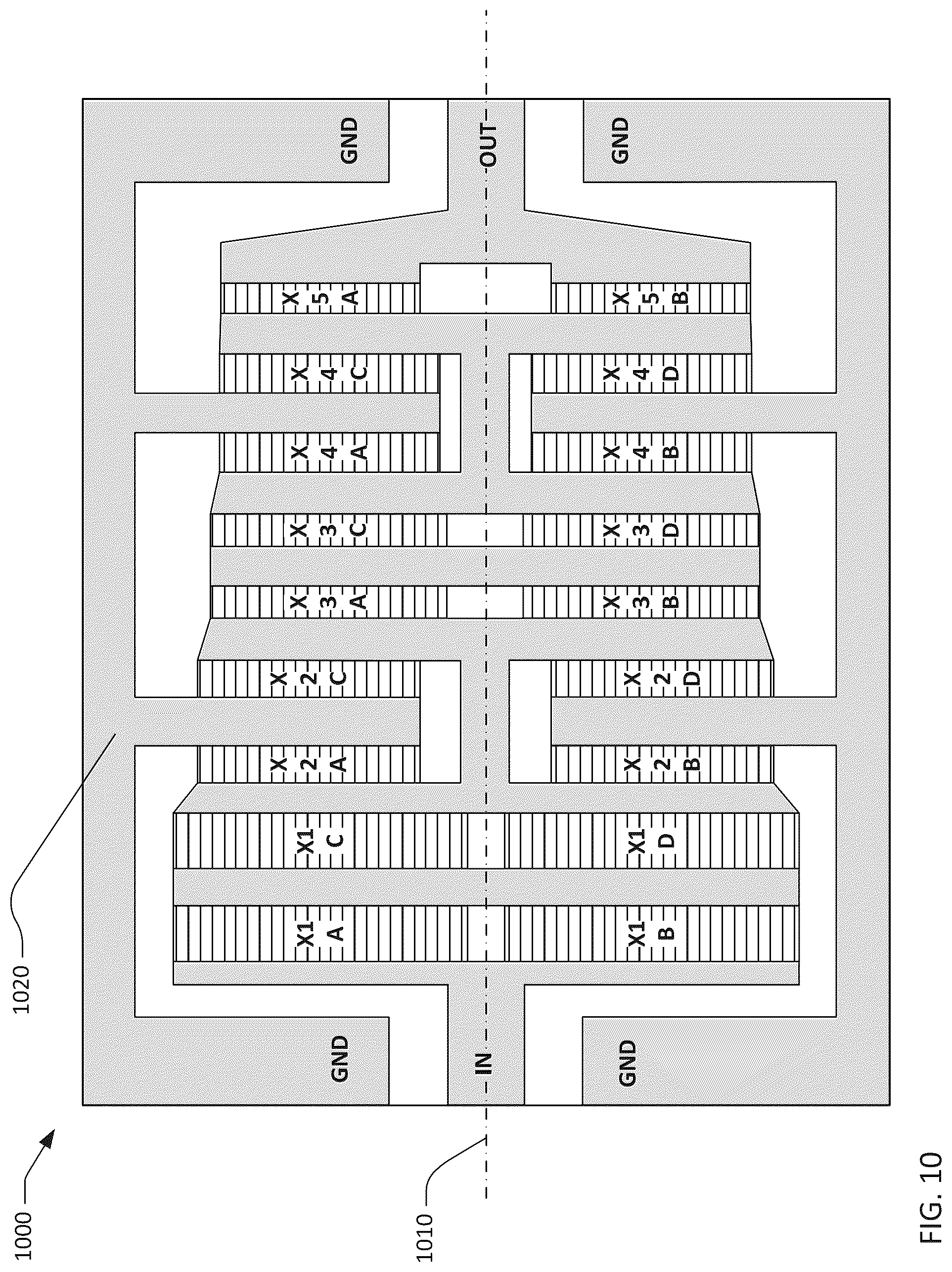 Patent US12308823 Figure 10 – Transversely-excited film bulk acoustic filters with symmetric layout