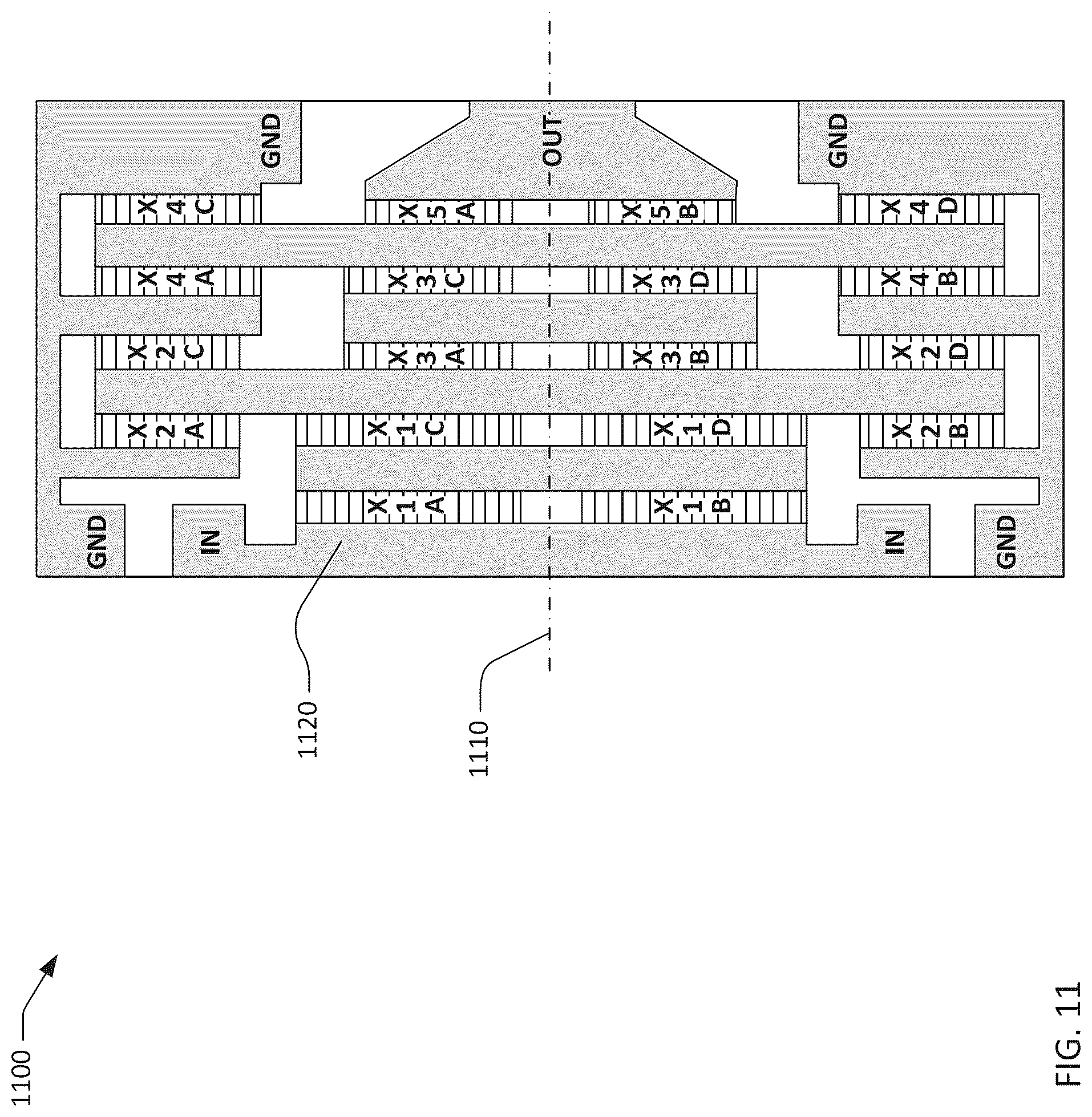Patent US12308823 Figure 11 – Transversely-excited film bulk acoustic filters with symmetric layout