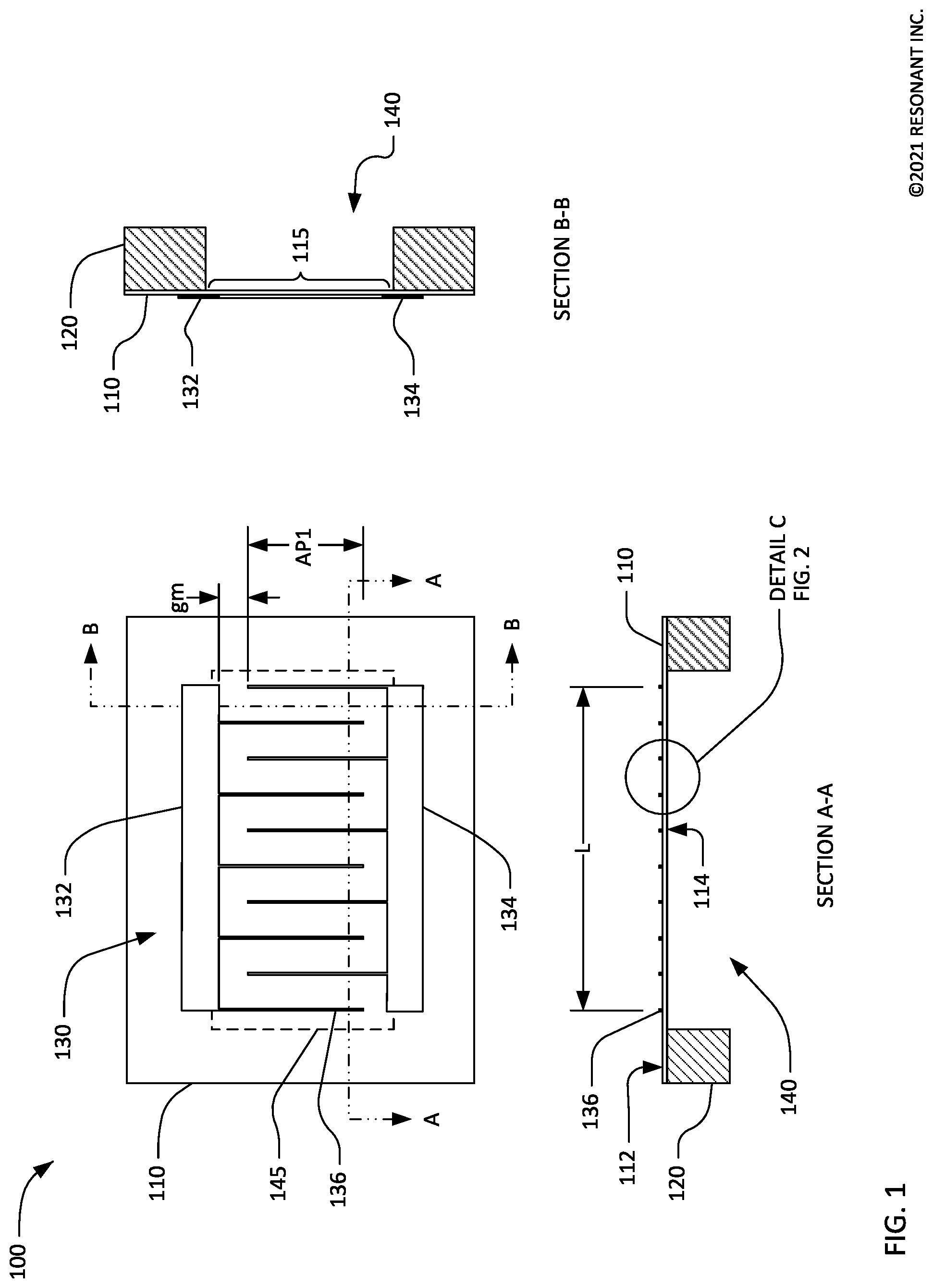 Patent US12308825 — Transversely-excited film bulk acoustic resonators with narrow gaps between busbars and ends of interdigital transducer fingers — Figure 1