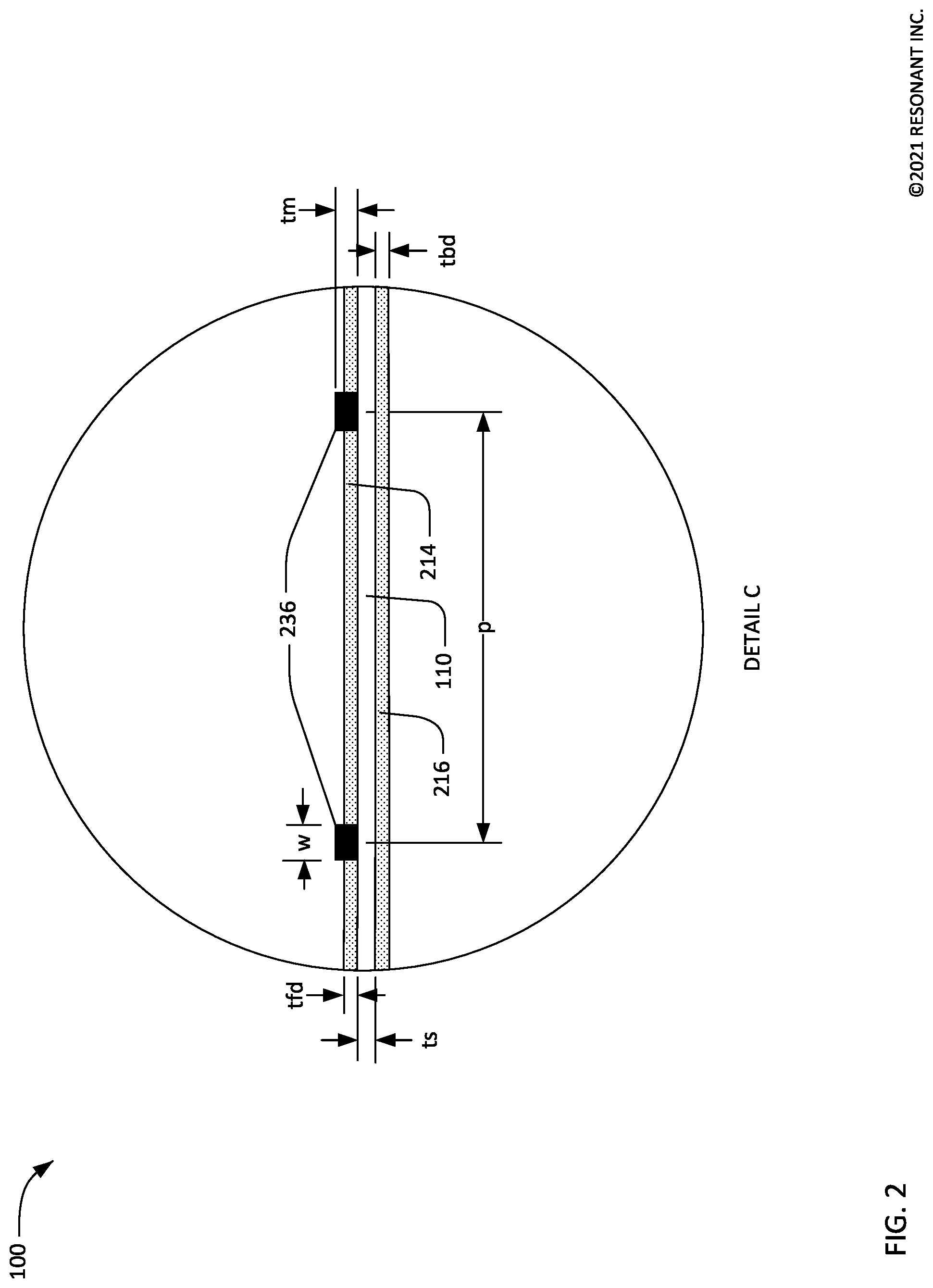 Patent US12308825 Figure 2 – Transversely-excited film bulk acoustic resonators with narrow gaps between busbars and ends of interdigital transducer fingers