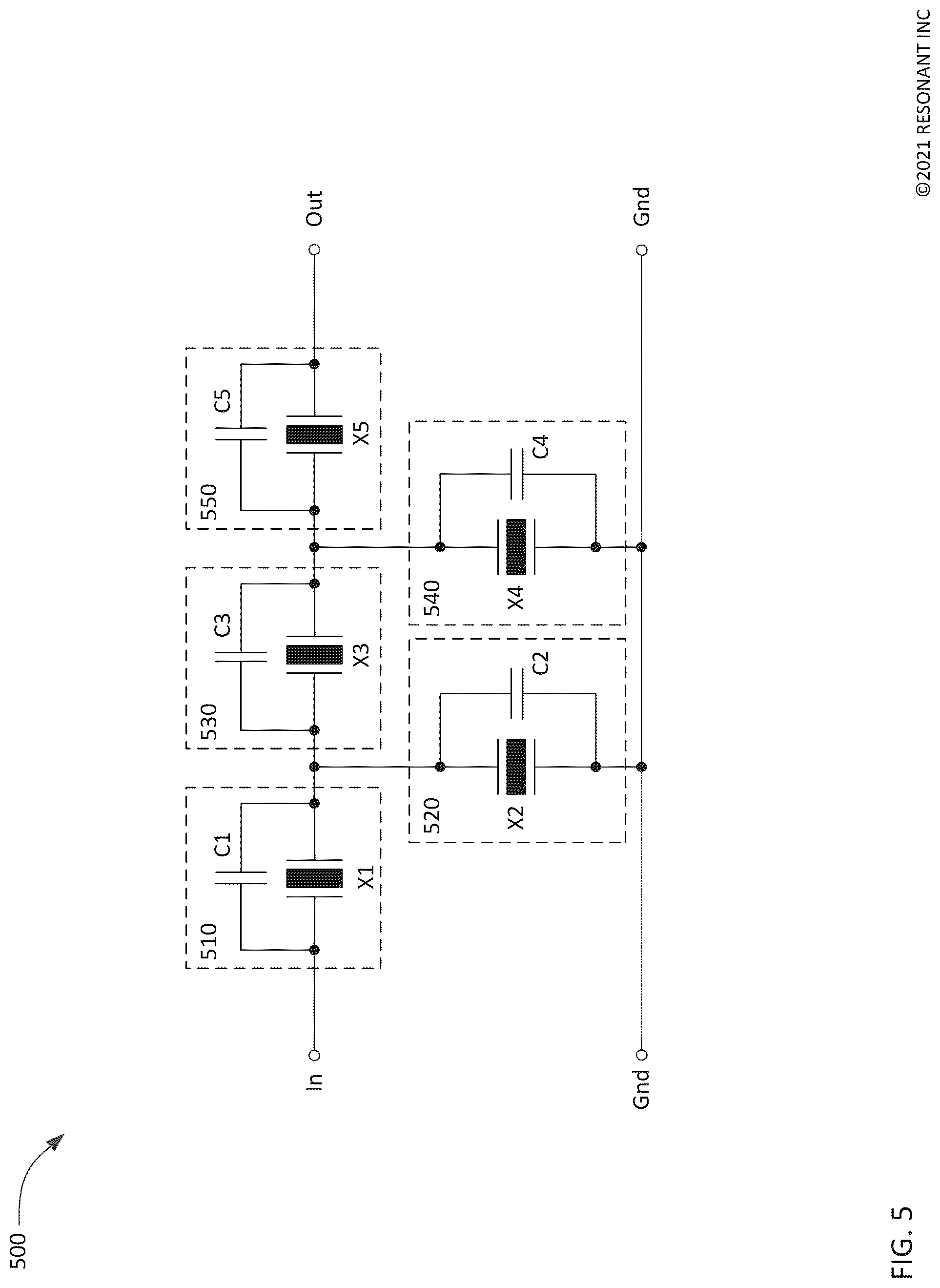 Patent US12308826 Figure 5 – Bandpass filters using transversely-excited film bulk acoustic resonators