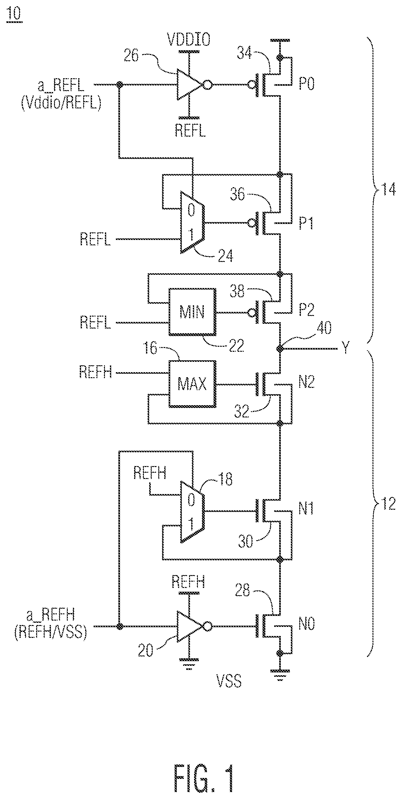 Patent US12308831 Figure 1 – Power switch having cascoded transistors of a same condictivity type, each of the cascoded transistors having its source tied to its body