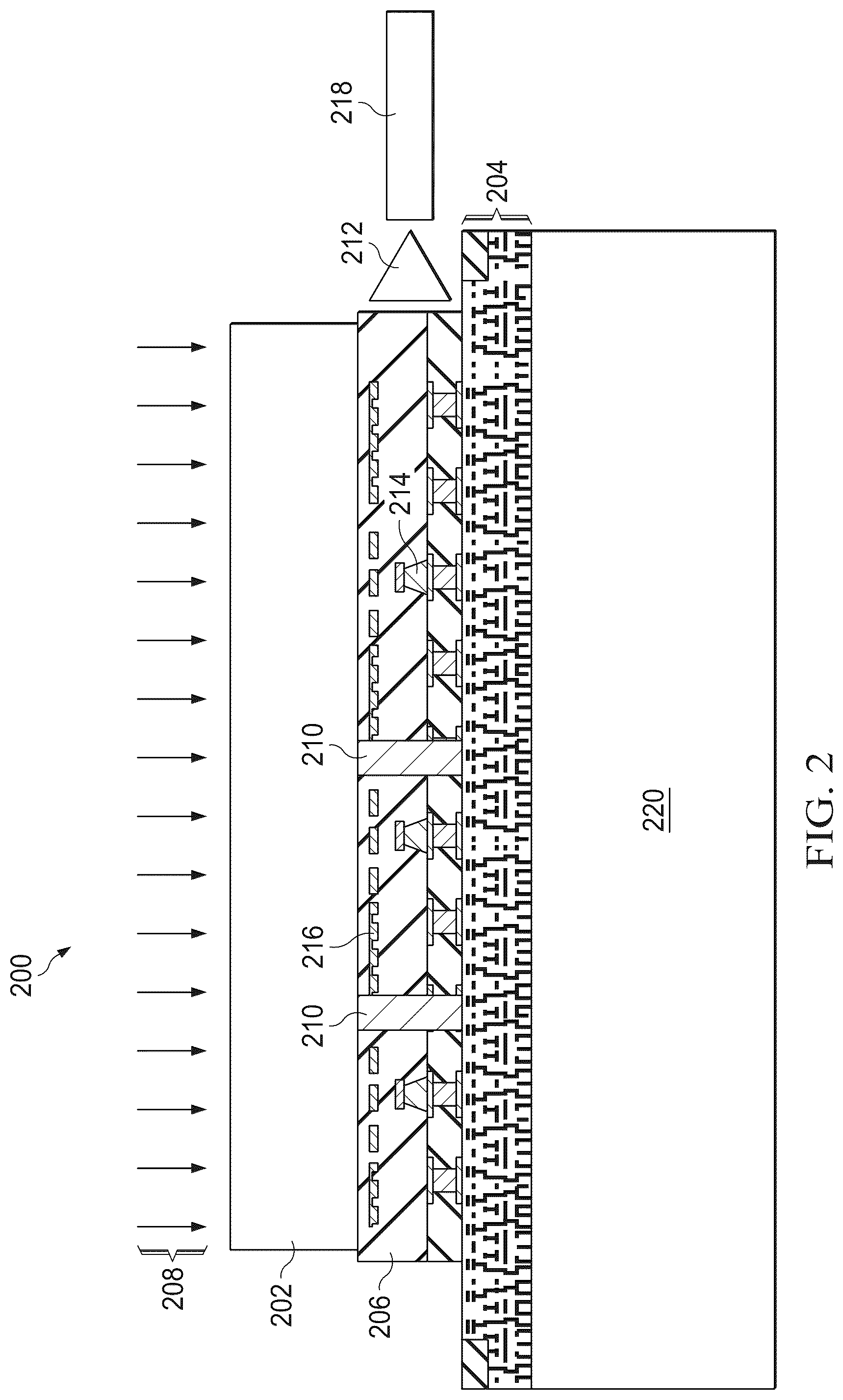 Patent US12308887 Figure 2 – Integrated photonic integrated circuit (PIC) and readout integrated circuit (ROIC) for high-speed data output from focal plane array