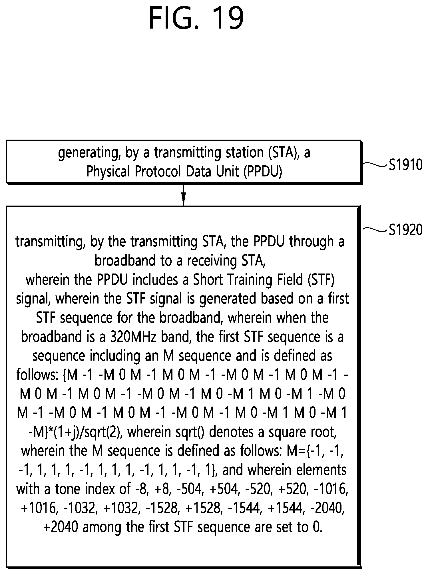 Patent US12309009 Figure 19 – Method and device for configuring 2X EHT-STF sequence by repeating STF sequence for 40 MHz band in wireless LAN system