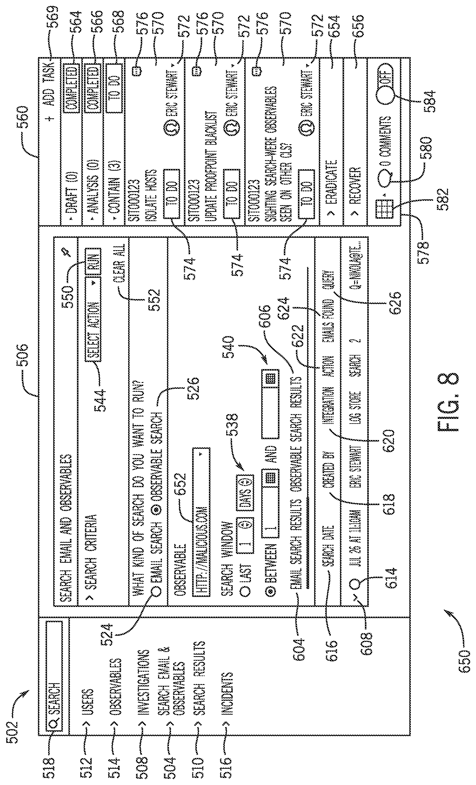 Patent US12309199 Figure 8 – Phishing attempt search interface