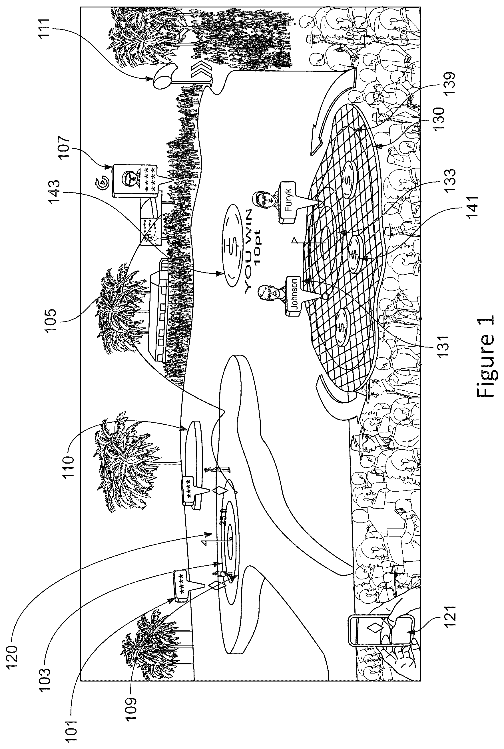 Patent US12309449 Figure 1 – Augmented reality system for viewing an event with multiple coordinate systems and automatically generated model