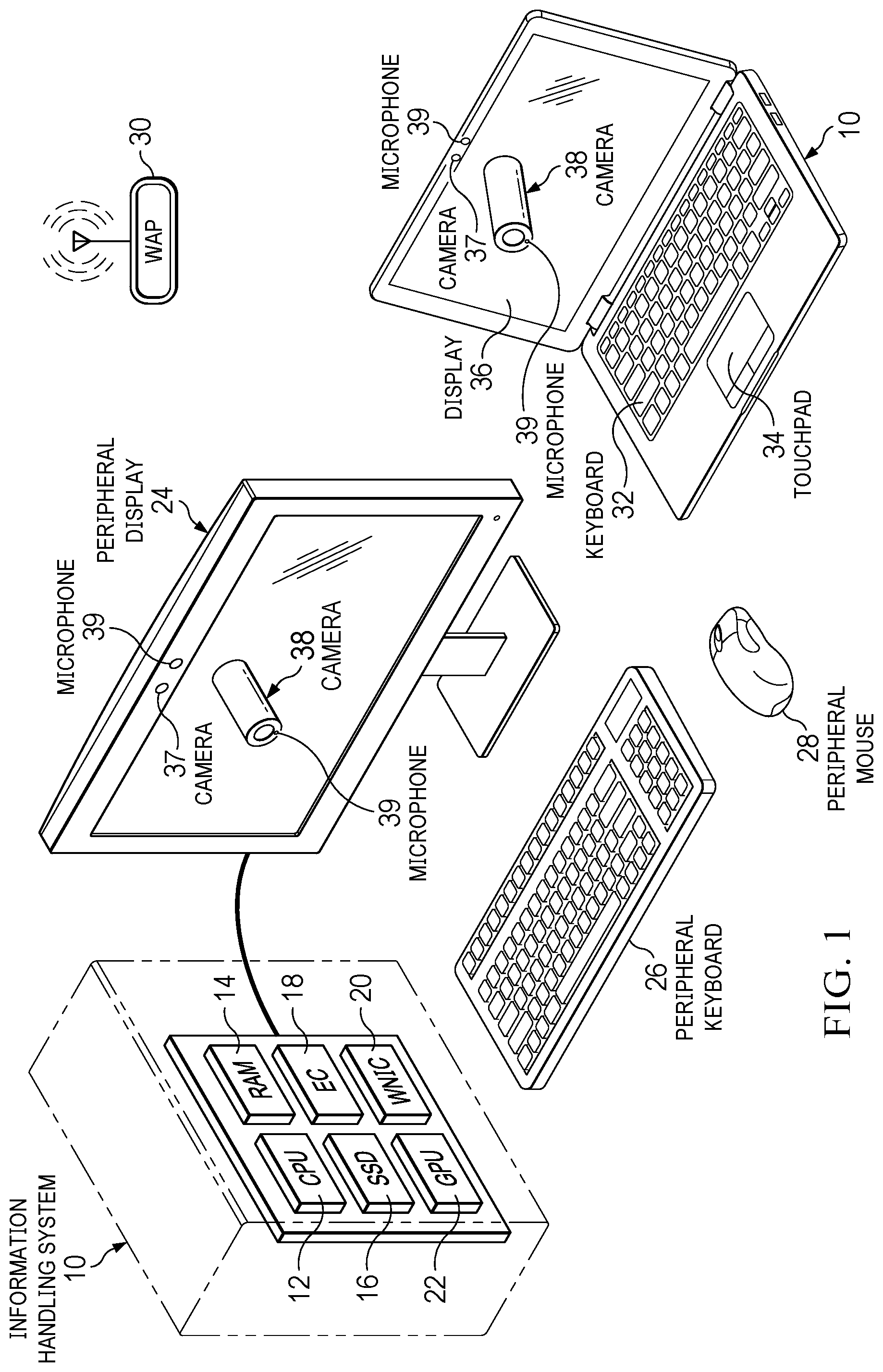 Patent US12309474 Figure 1 – Portable information handling system display having a magnetically attached camera