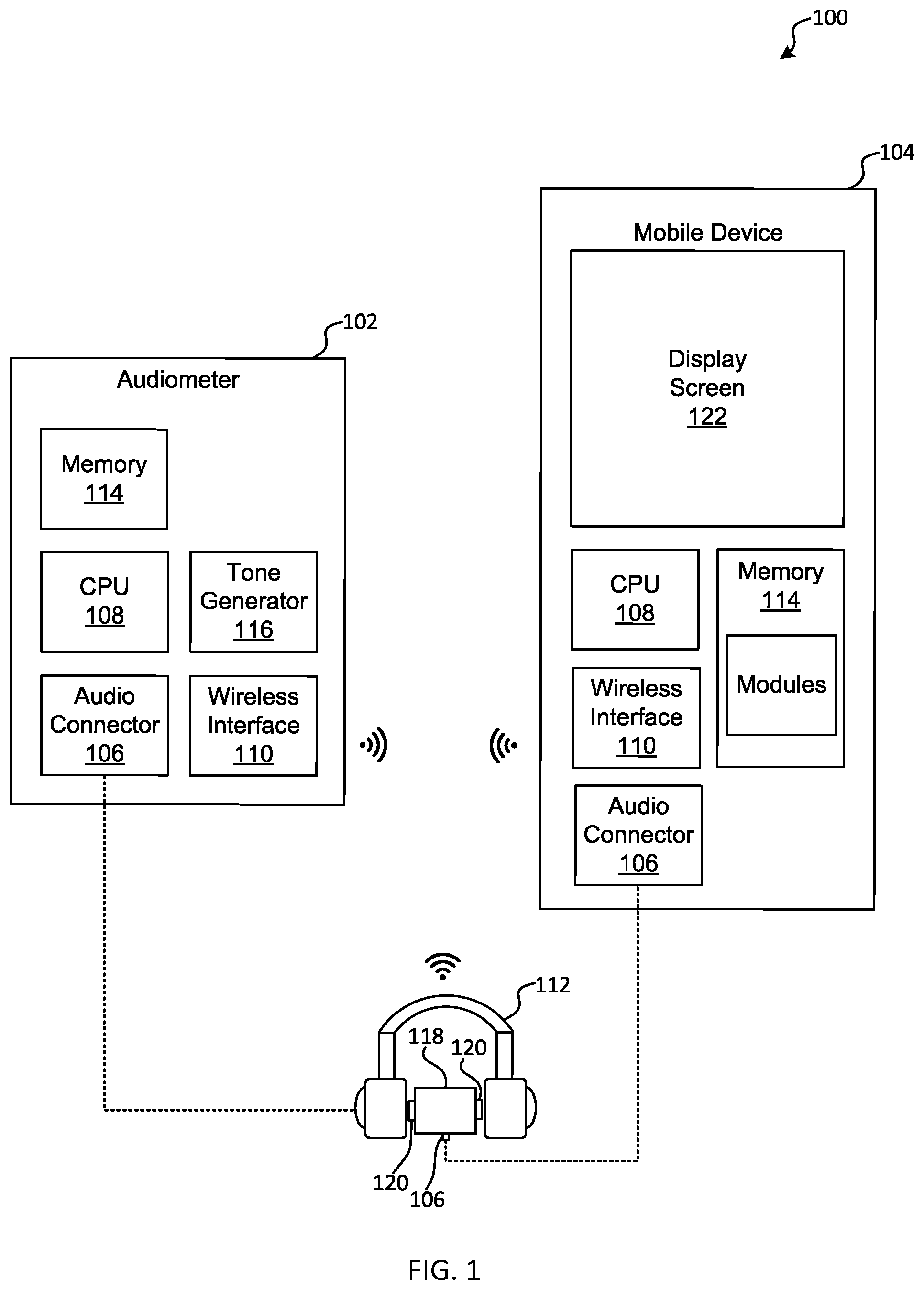 Patent US12309555 Figure 1 – Systems and methods for conducting and validating an audiometric test