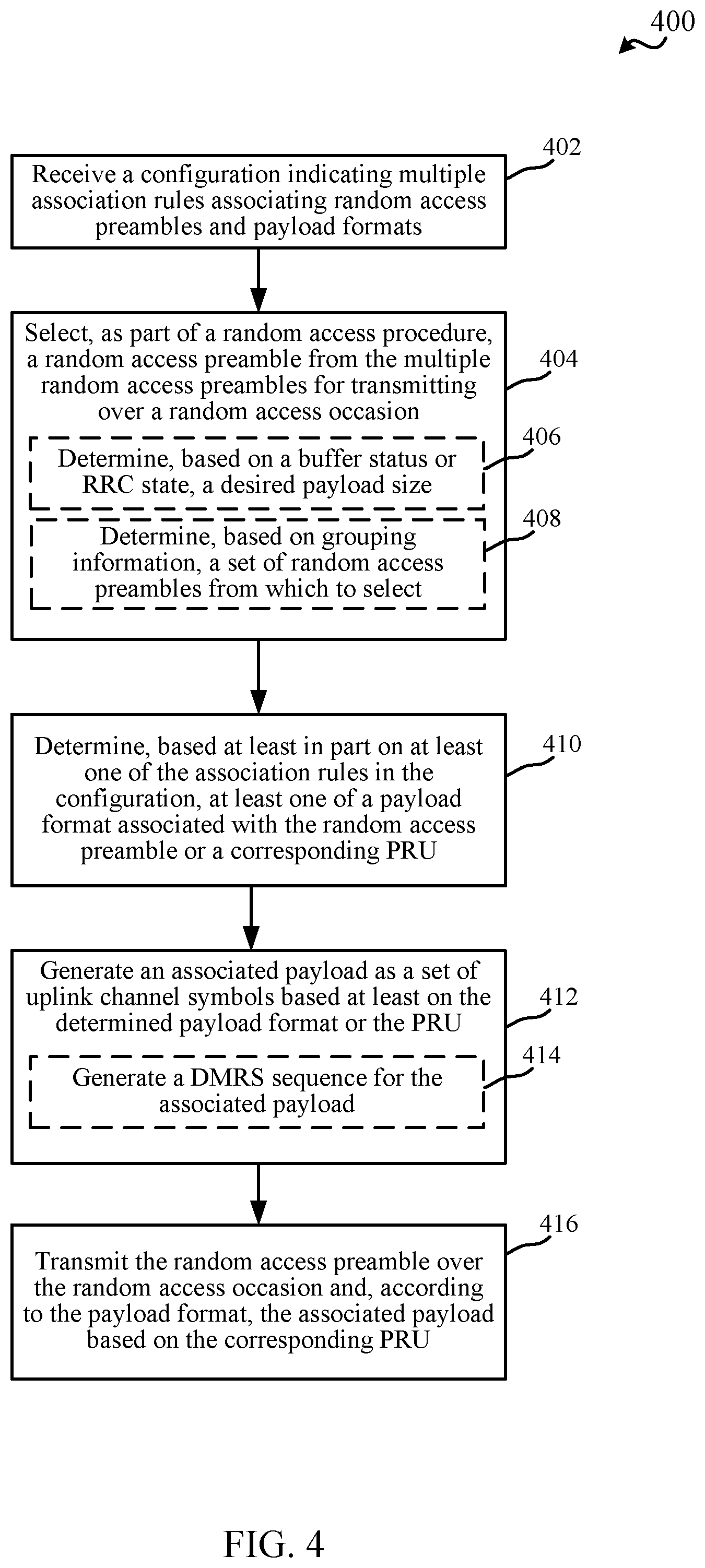 Patent US12309851 Figure 4 – Techniques for selecting random access preambles and payload formats in wireless communications