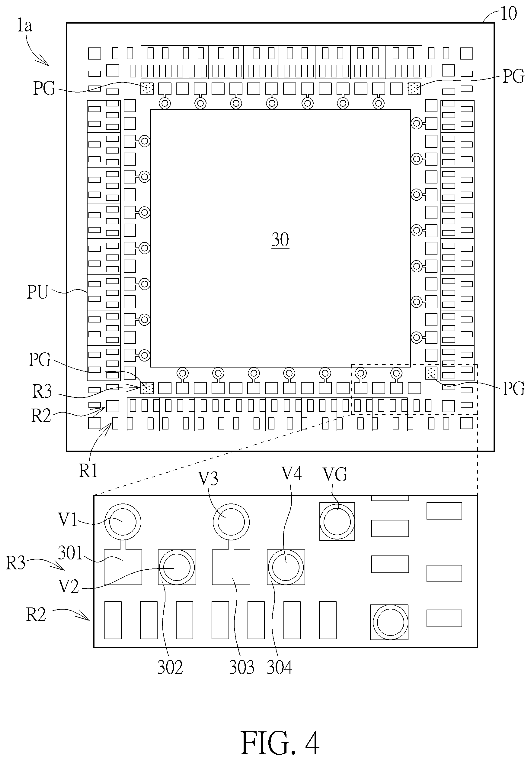 Patent US12309921 Figure 4 – Board-level pad pattern for multi-row QFN packages