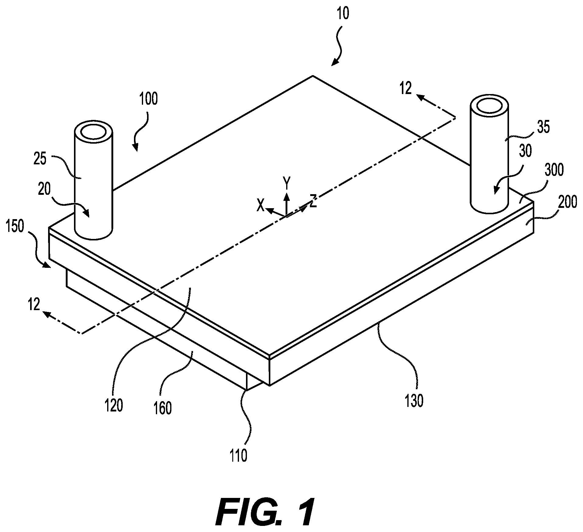 Patent US12309965 Figure 1 – Liquid cooling device mounted on a heat generating electronic component