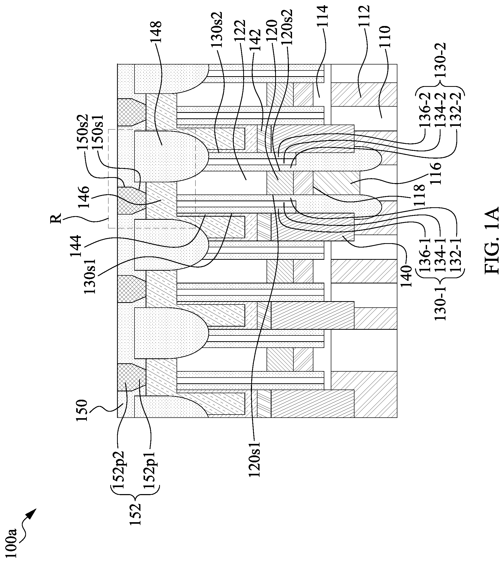 Patent US12309996 Figure 1 – Semiconductor device with etched landing pad surface