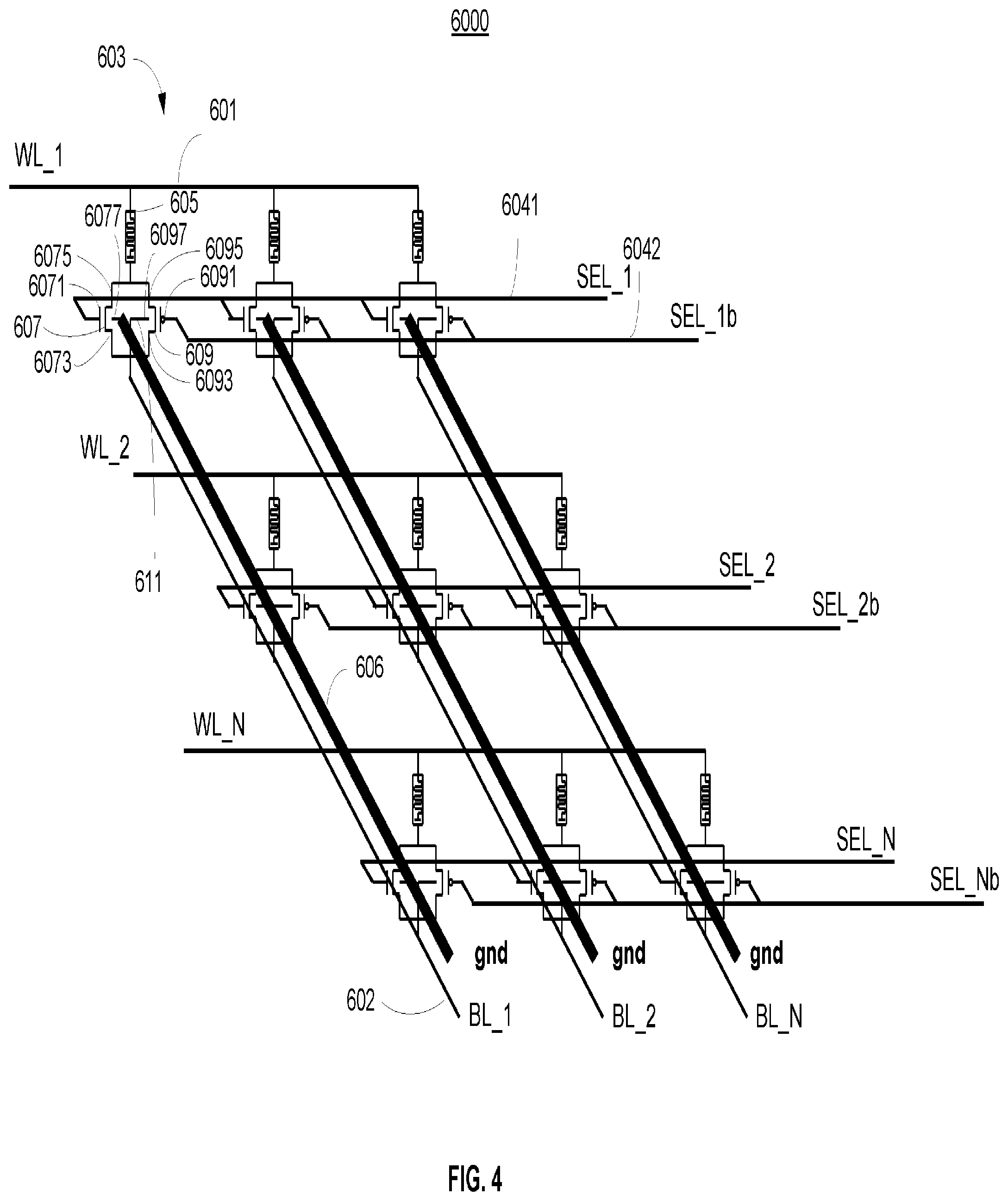 Patent US12310033 Figure 4 – Crossbar array circuit with parallel grounding lines