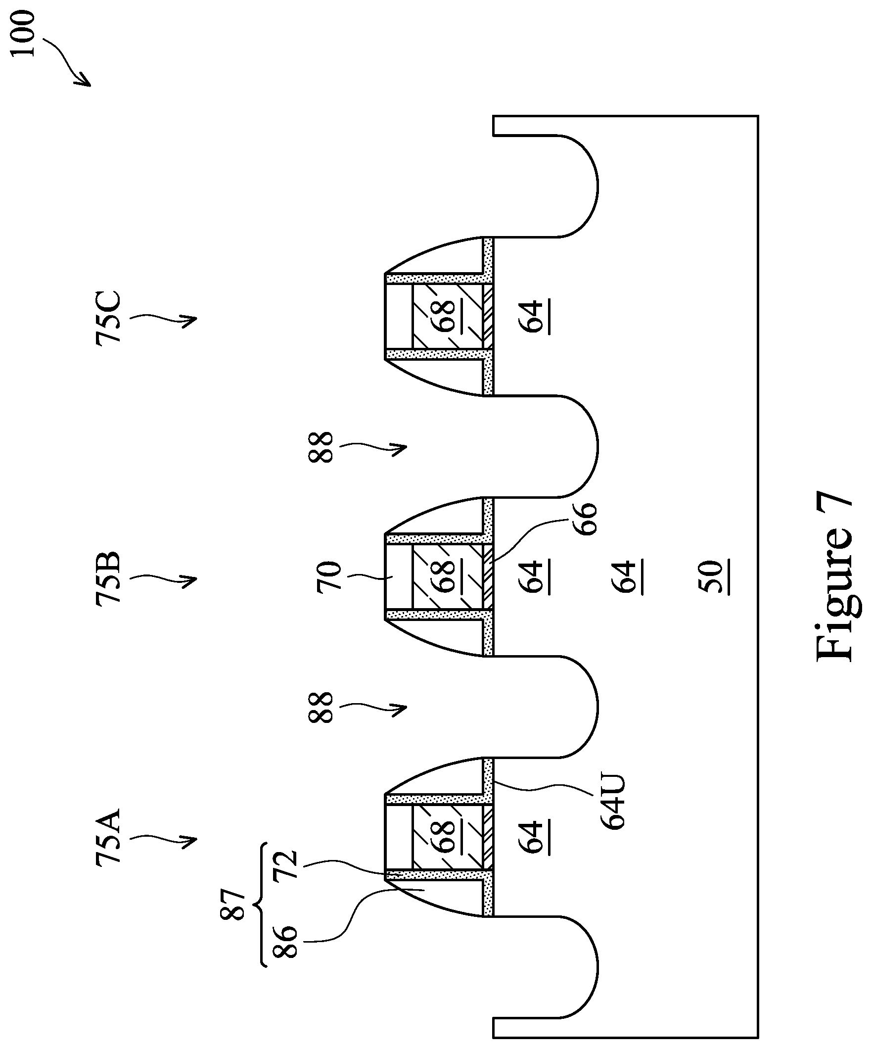 Patent US12310051 Figure 7 – Fin field-effect transistor device having contact plugs with re-entrant profile