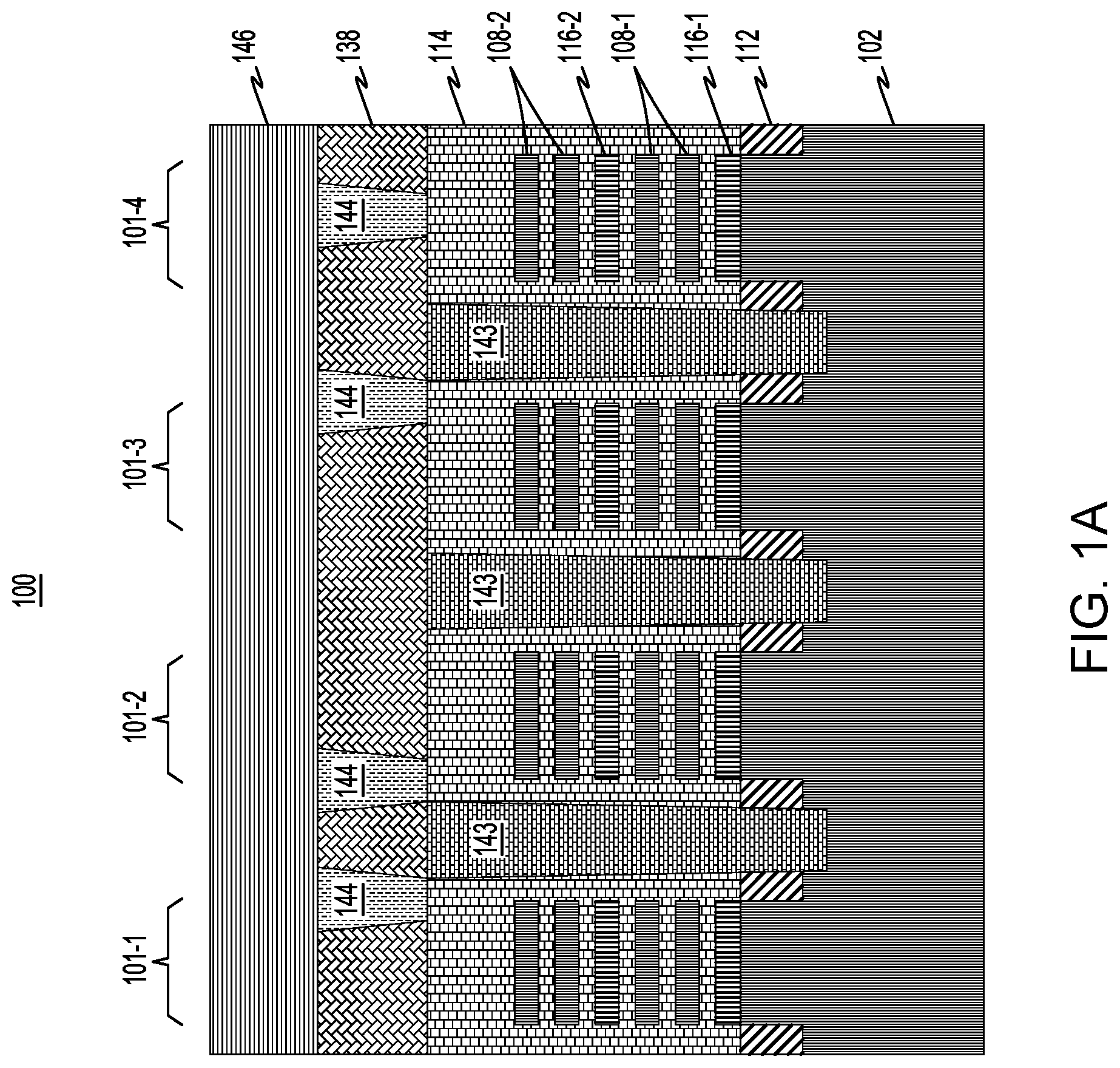 Patent US12310064 Figure 1 – Isolation pillar structures for stacked device structures