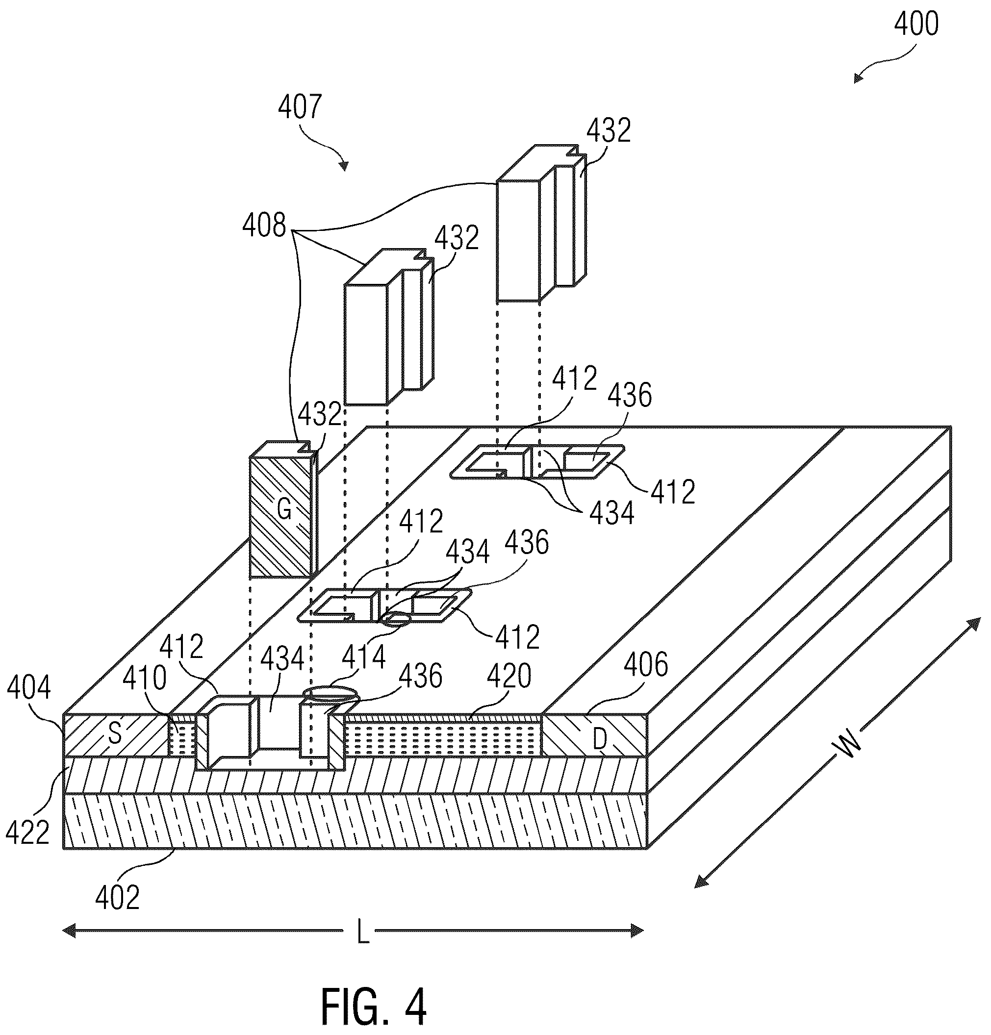 Patent US12310080 Figure 4 – Laterally-gated transistors and lateral Schottky diodes with integrated lateral field plate structures