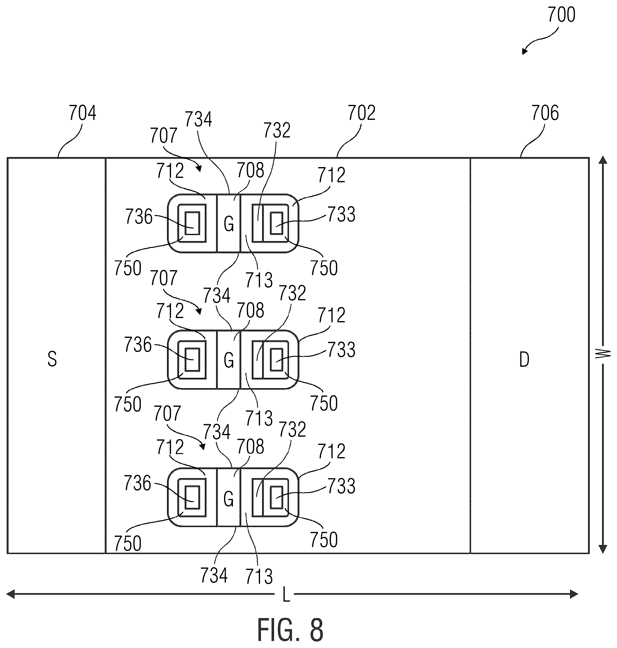 Patent US12310080 Figure 8 – Laterally-gated transistors and lateral Schottky diodes with integrated lateral field plate structures