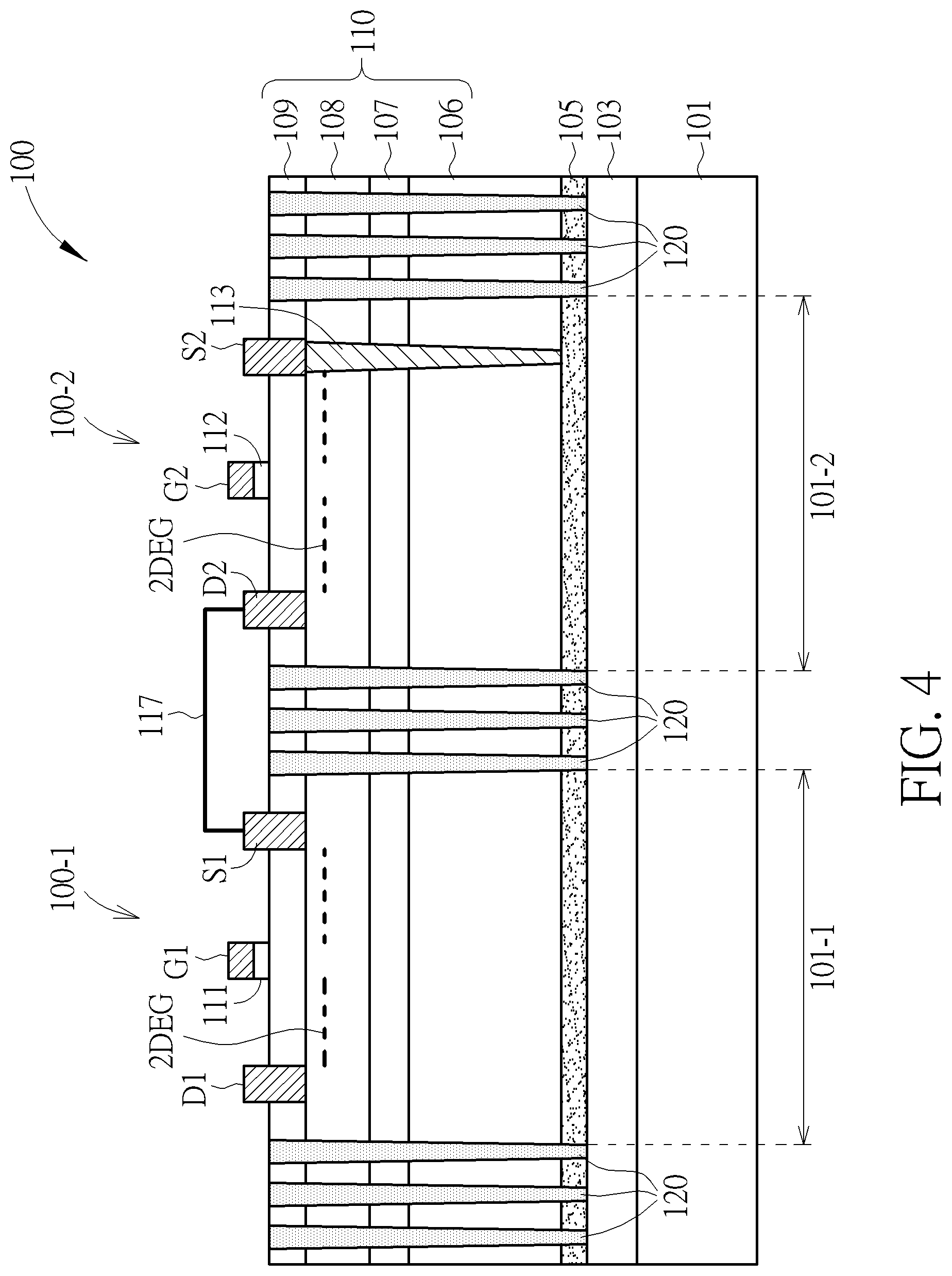 Patent US12310105 Figure 4 – Semiconductor device including high electron mobility transistors with an improved backside electrode being applied in a half-bridge circuit