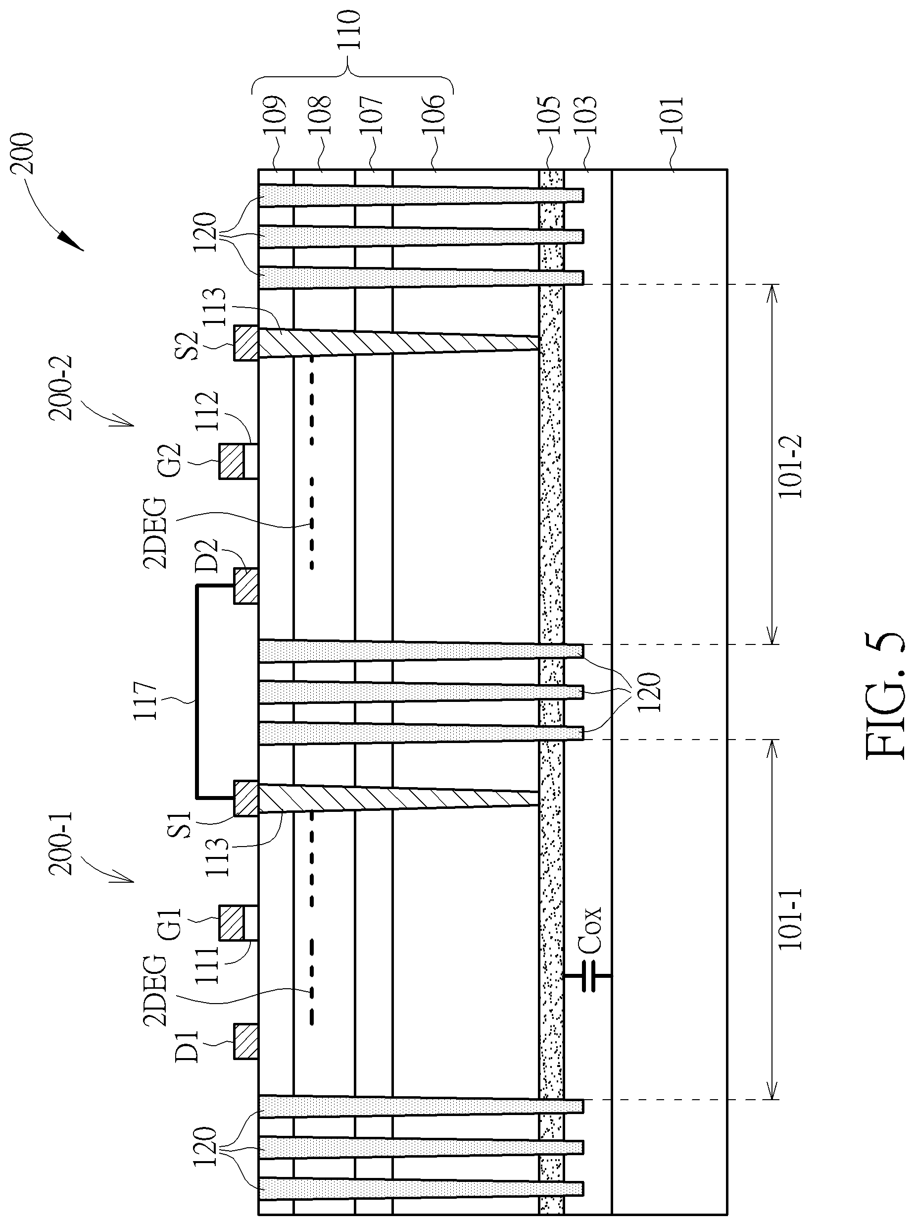 Patent US12310105 Figure 5 – Semiconductor device including high electron mobility transistors with an improved backside electrode being applied in a half-bridge circuit