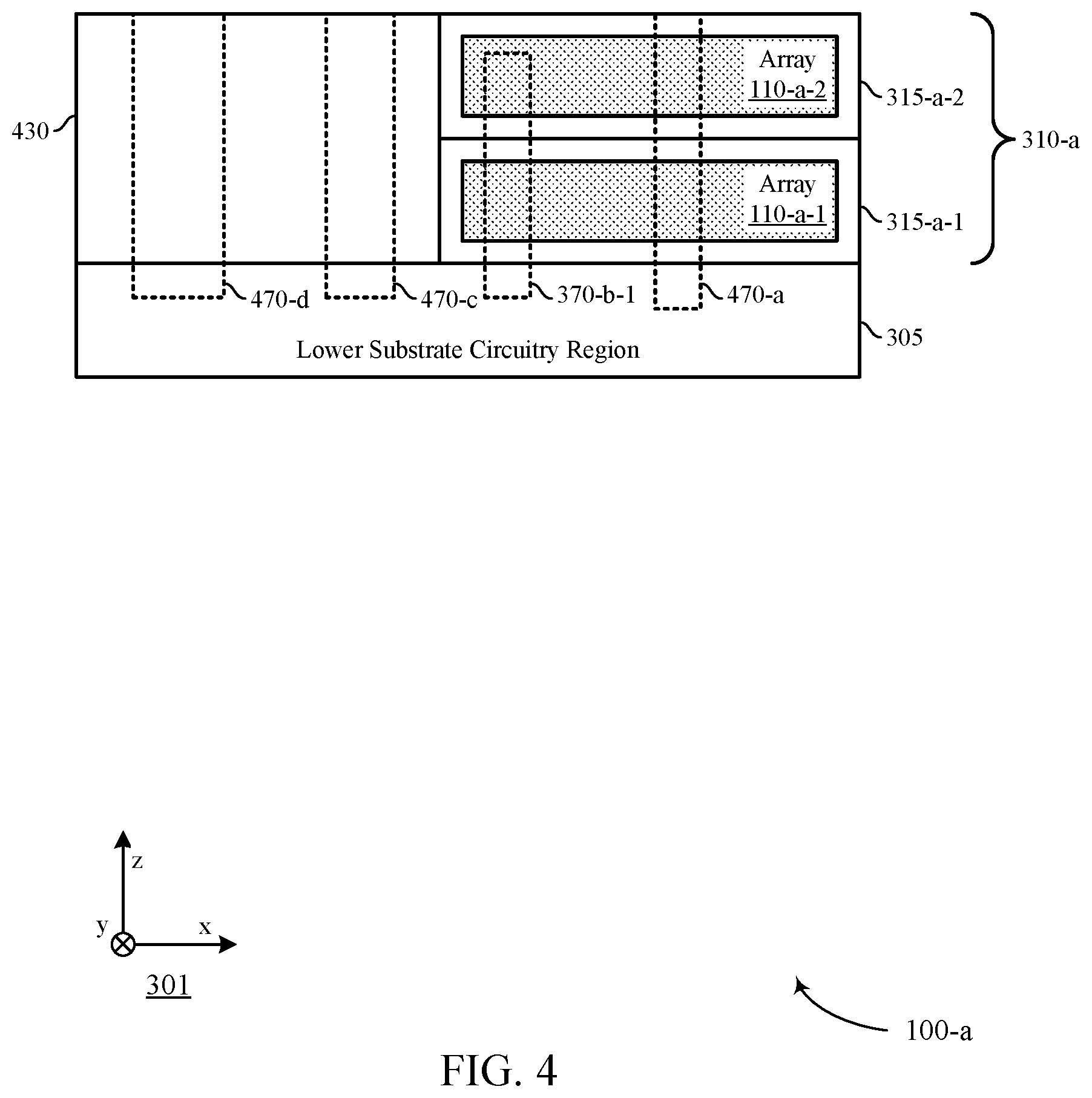 Patent US12310116 Figure 4 – Transistor configurations for multi-deck memory devices