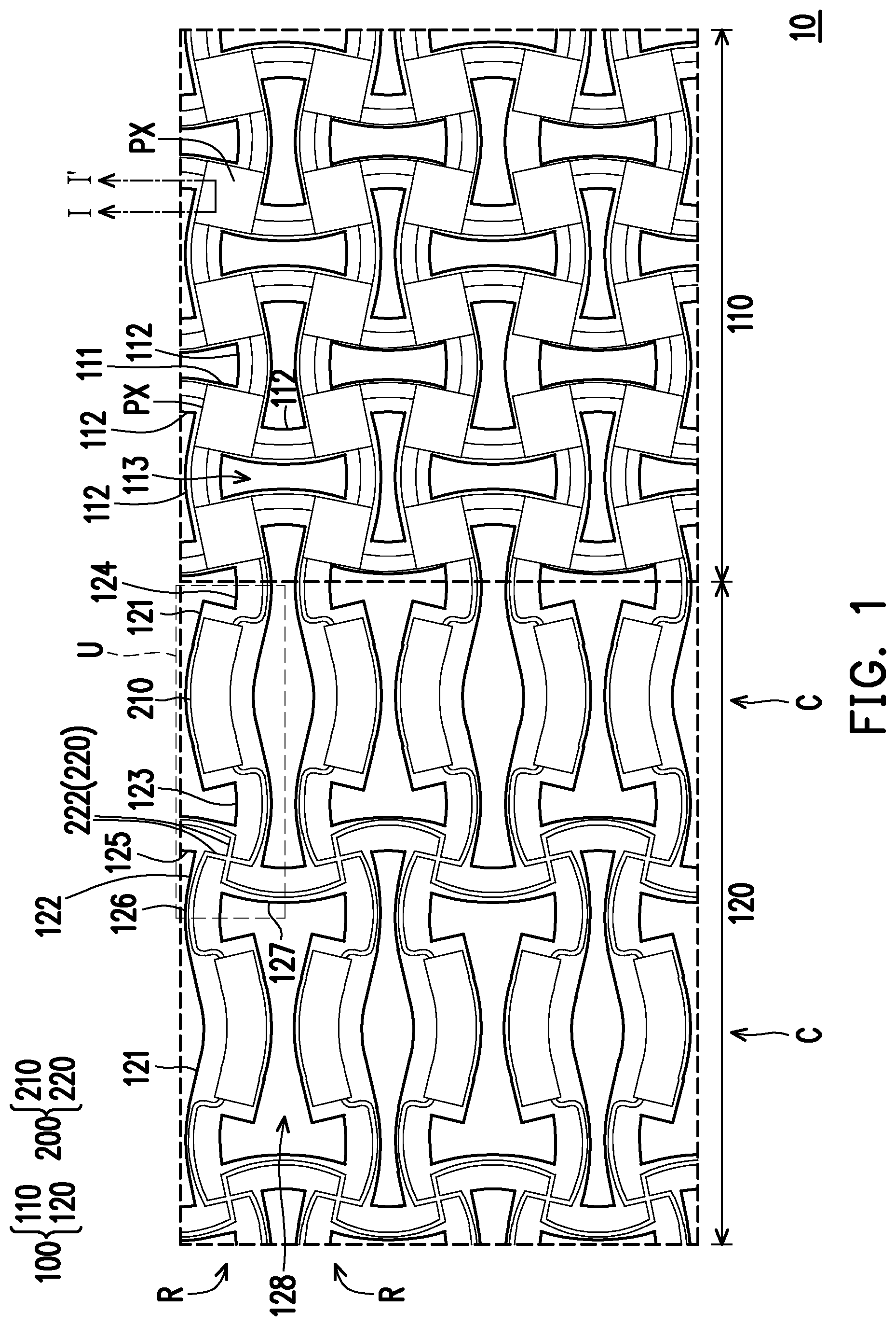 Patent US12310160 Figure 1 – Stretchable pixel array substrate