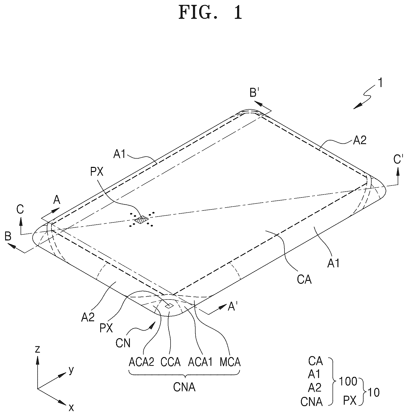 Patent US12310175 Figure 1 – Display panel and display device having center and adjacent corner areas spaced apart from each other by a penetration area