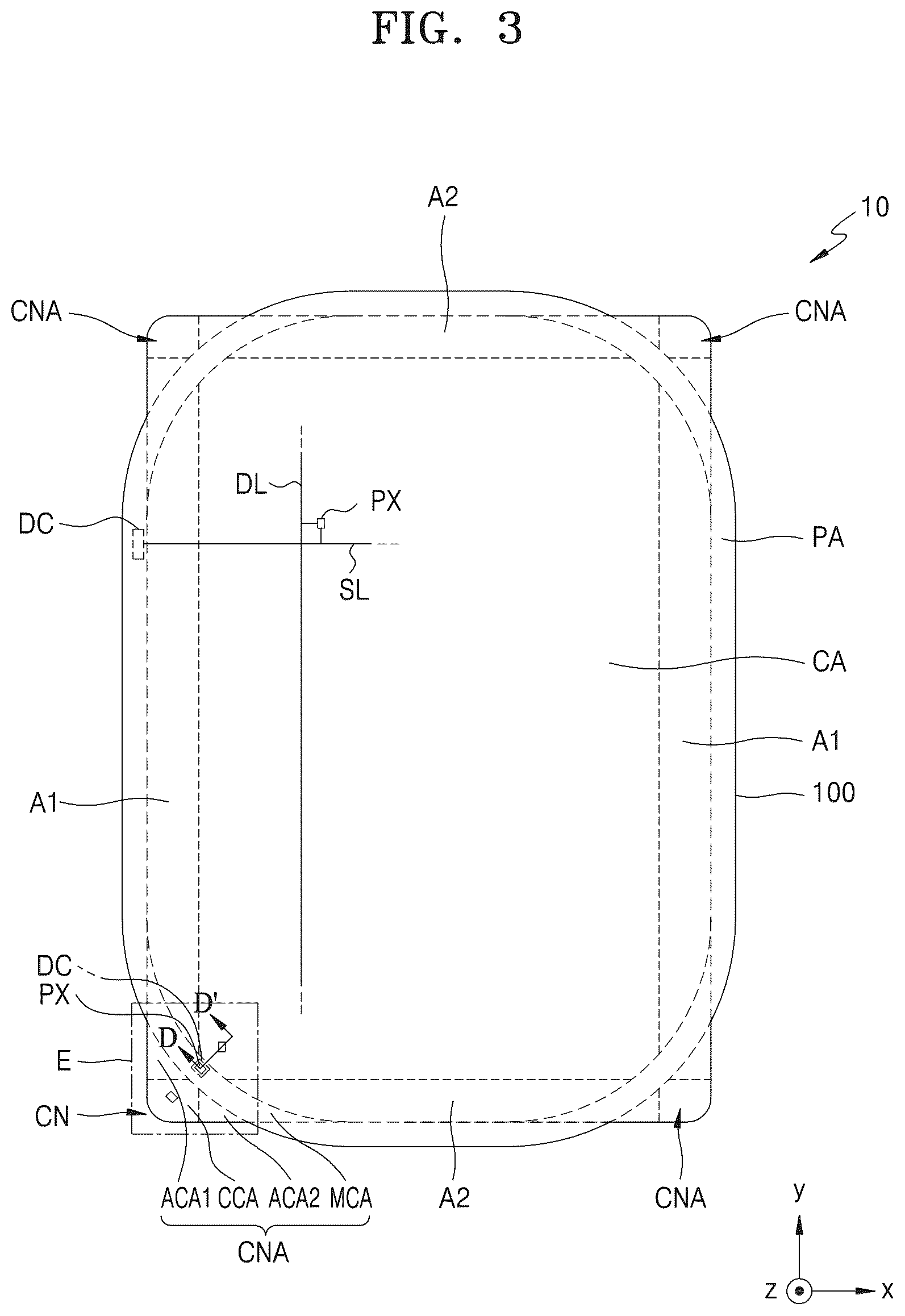 Patent US12310175 Figure 5 – Display panel and display device having center and adjacent corner areas spaced apart from each other by a penetration area