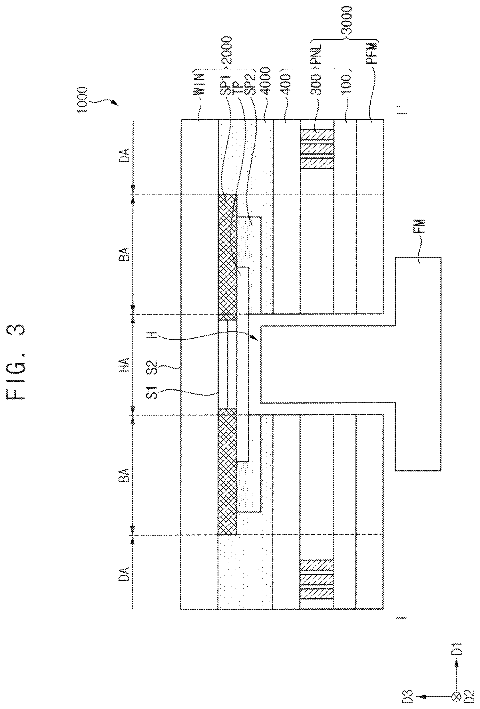 Patent US12310177 Figure 3 – Display device with window having stack of transparent and light-blocking patterns, and method of manufacturing the same