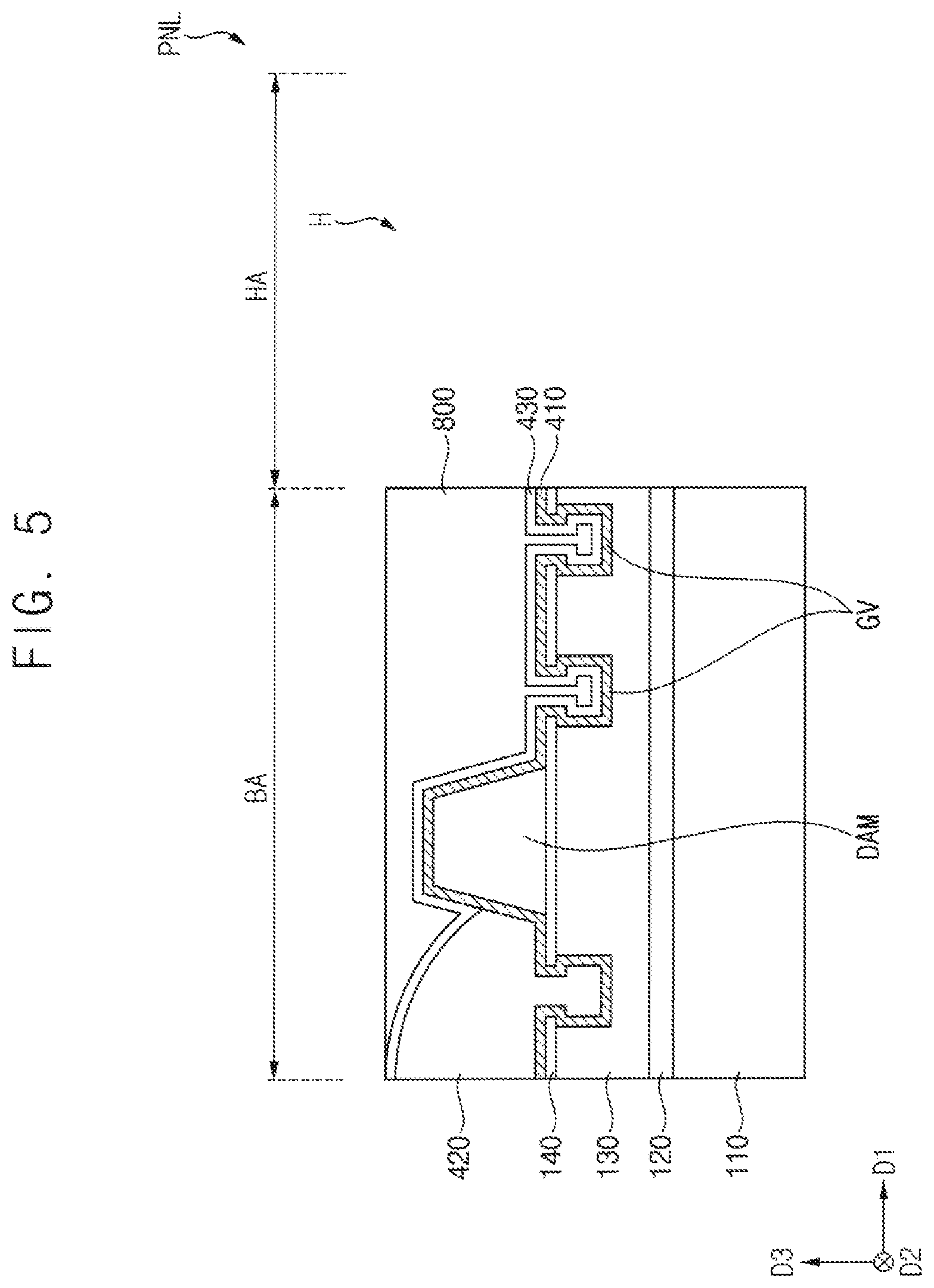 Patent US12310177 Figure 5 – Display device with window having stack of transparent and light-blocking patterns, and method of manufacturing the same